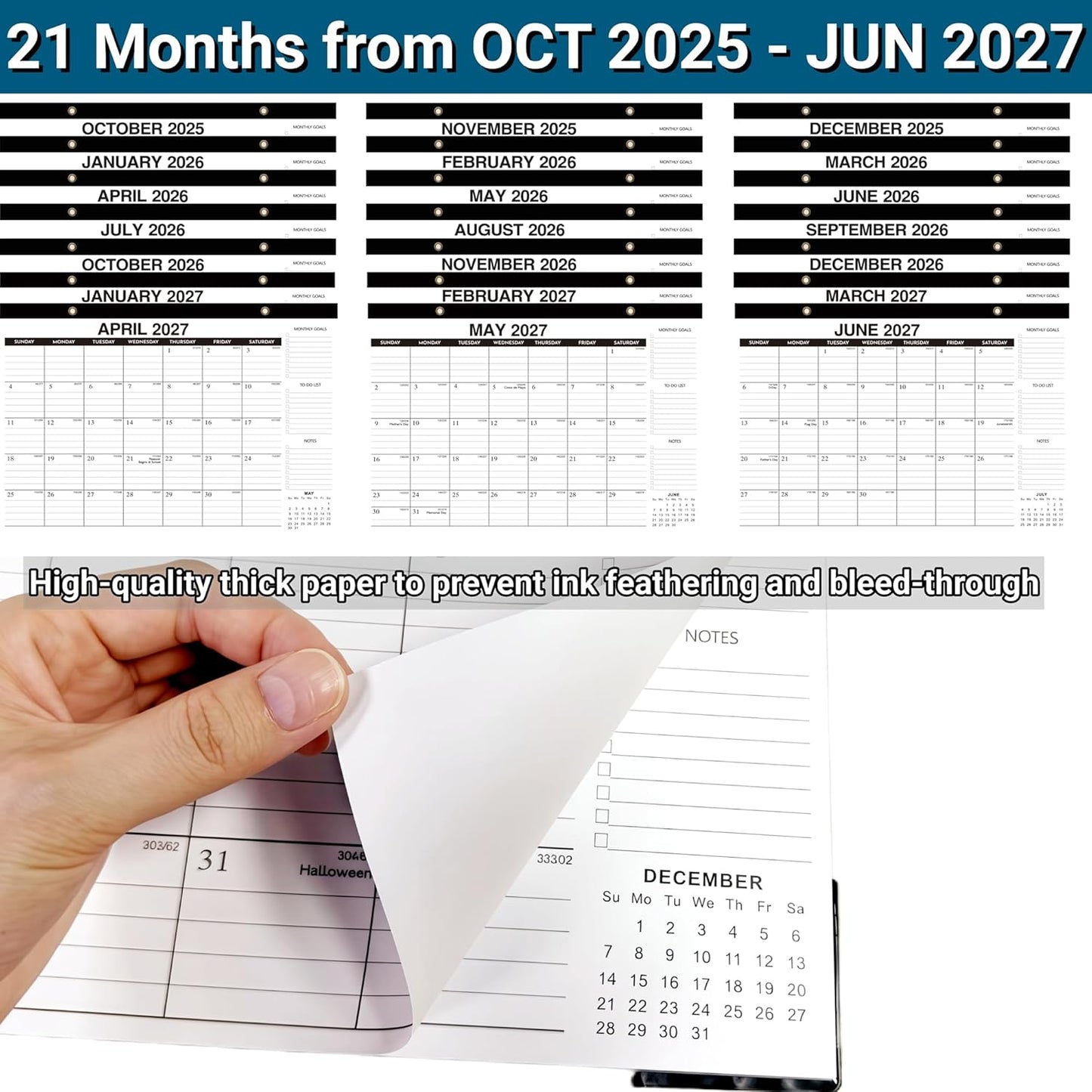 Desk Calendar 2025-2026 - 21-Month Large Desk/Wall Calendar, Oct 2025 - June 2027, 17" x 12", Thick Paper, Large Ruled Blocks, Clear Plastic Cover – Perfect for Home School & Office Organization