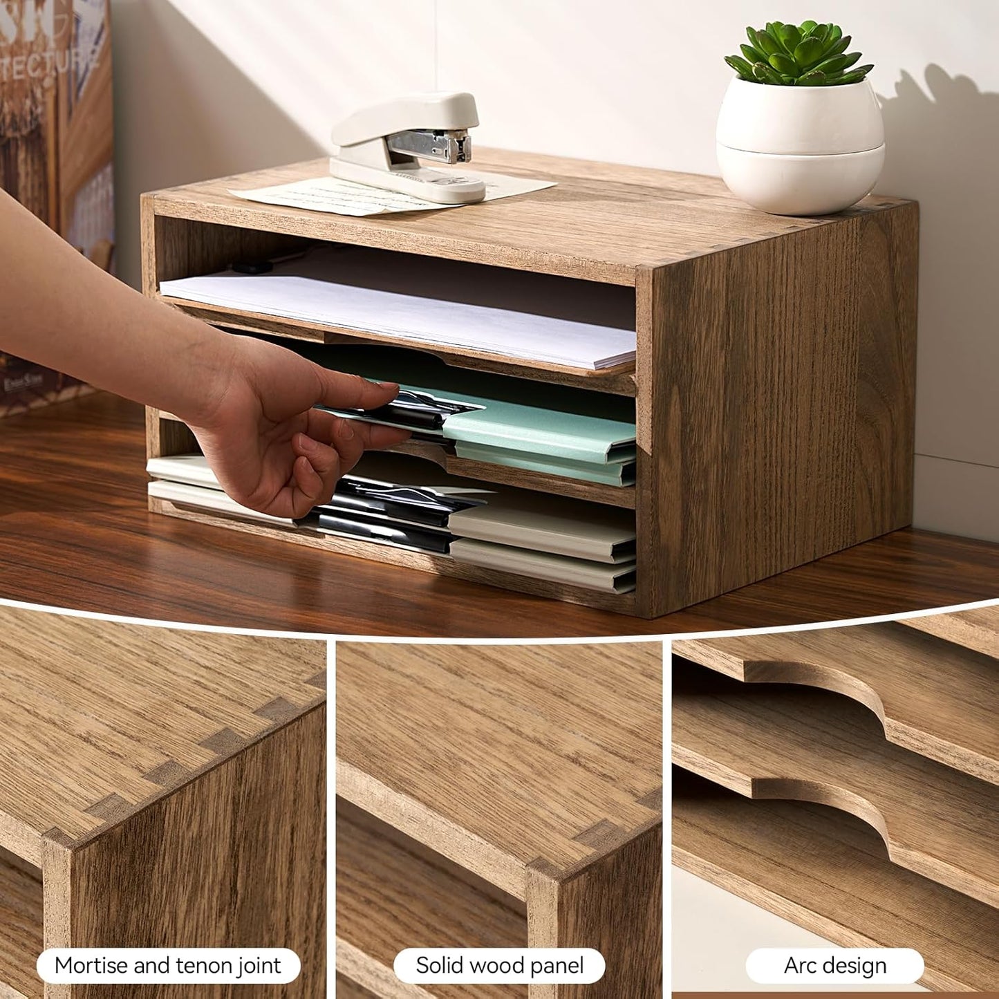 KIRIGEN Wooden Desktop Organizer Paper Storage Letter Tray File Sorter - Desk Rack Magazine File Dividers Holders for Home Office Accessories with 3 Layer Trays Dark Brown (3KWJG-DBR)