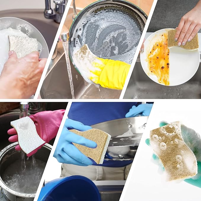 9 Pack Biodegradable Natural Kitchen Sponge - Compostable Cellulose and Coconut Walnut Scrubber Sponge - Eco Friendly Sustainable Sponges for Dishes