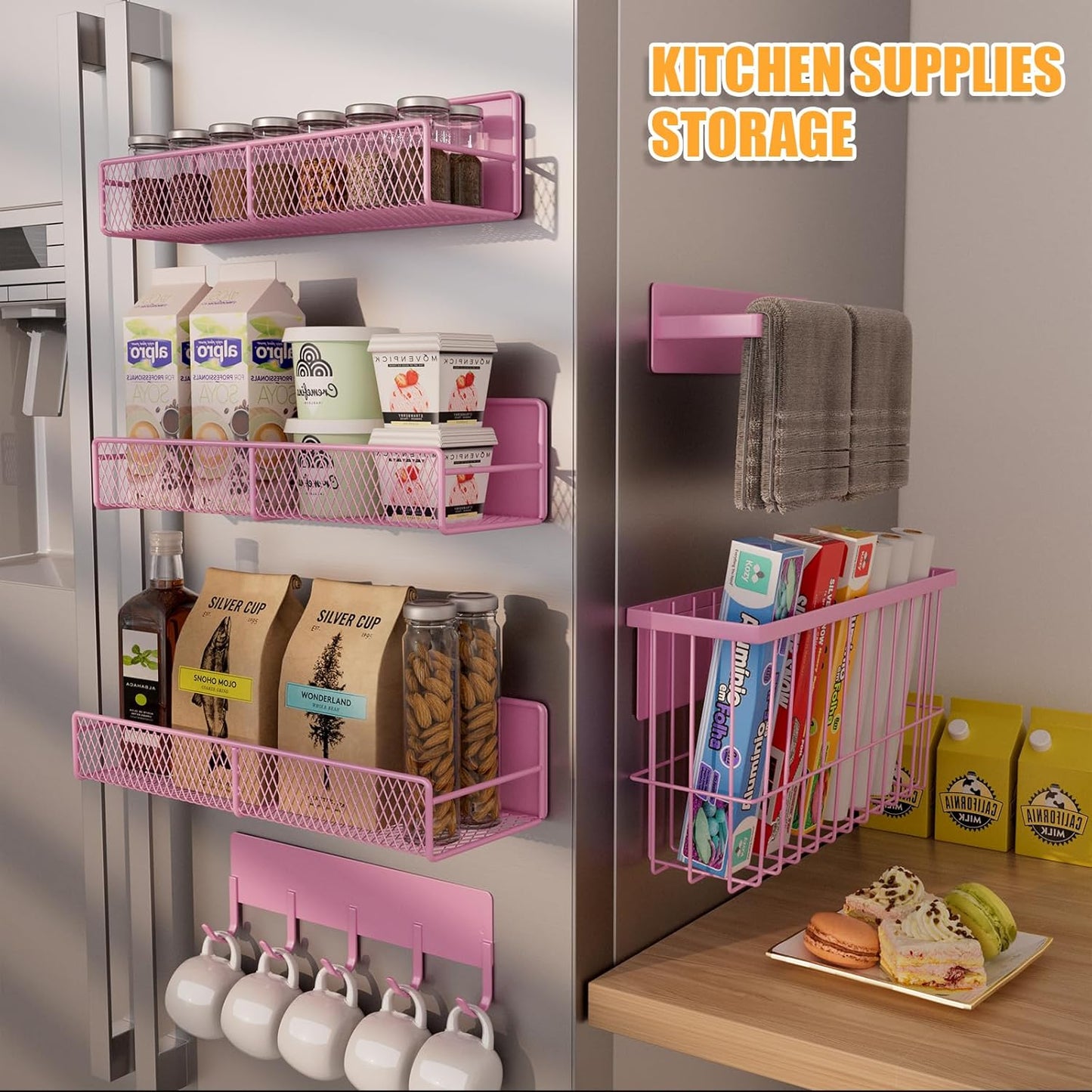 6-Pack Magnetic Shelves for Washing Machine & Refrigerator, Heavy-Duty Laundry Organizer with Hanger Holder & Deep Baskets, Metal Storage System for Laundry Room (Pink)