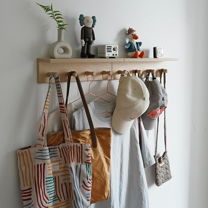 Entrance Coat Rack ,Coat Hooks, Wall-Mounted Wooden Hook Rack, Wall-Mounted Shelves are Very Suitable (2PC-Birch colored finish)