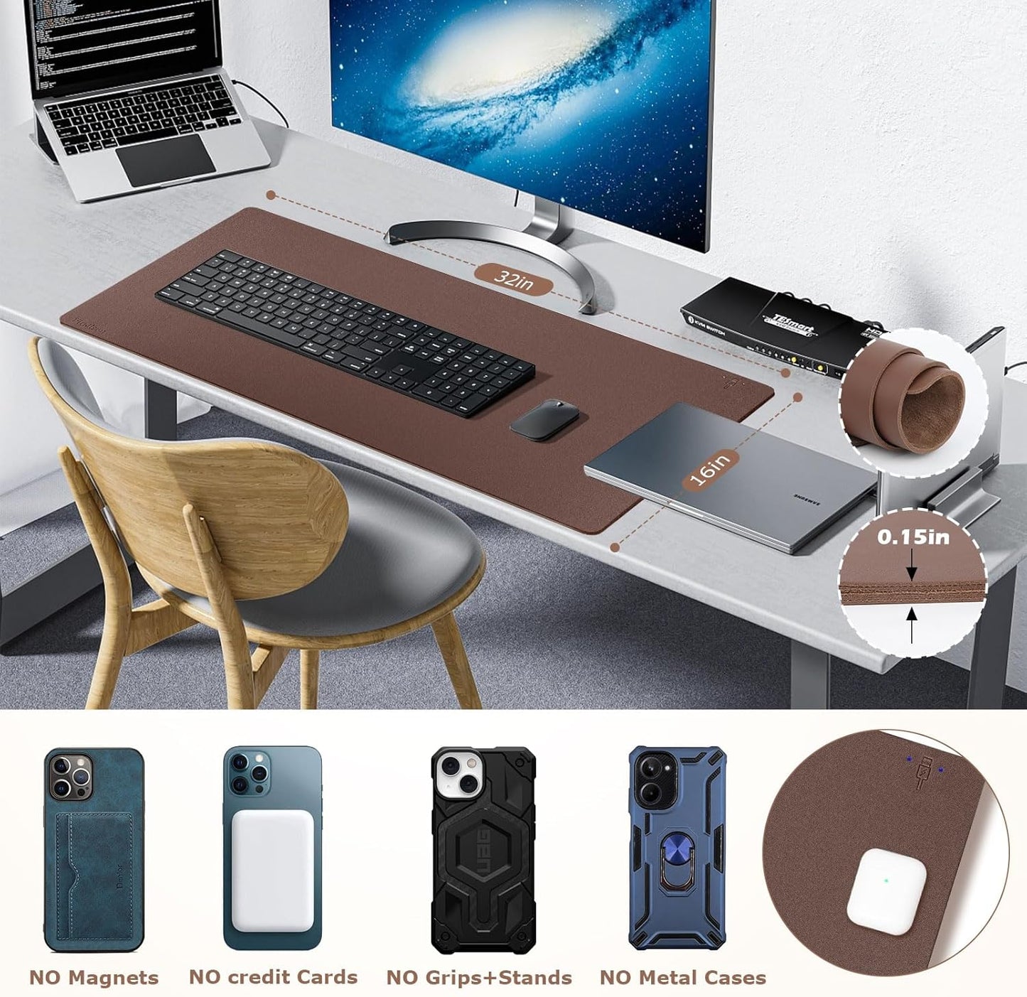 Wireless Charging Mouse Pad Firelison 2 in 1 Leather Multifunctional Office Desk Pad with Non-Slip Rubber Base, Waterproof Desk pad for Computers/Office/Work/Home/Decor( 32" x 16"Brown - R)