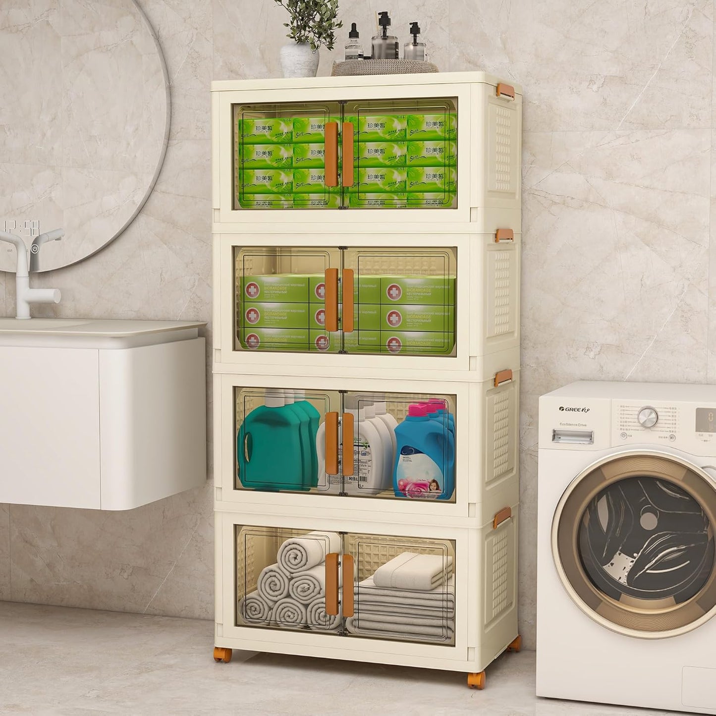 Plastic Stackable Storage Bins with Lids and Wheels, Foldable Closet Organizers and Storage Containers, Collapsible Clear Drawer Storage Cabinet with Doors White 89.6Gal