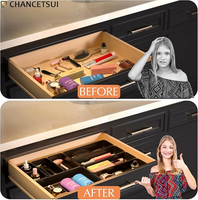 9 Pcs Stackable Drawer Organizer Trays Set, Multifunctional Stackable Storage Trays for Vanity, Bathroom, Kitchen, Desk Drawer Organizer Office. Plastic Drawer Organizers Available In 5 Colours, Black