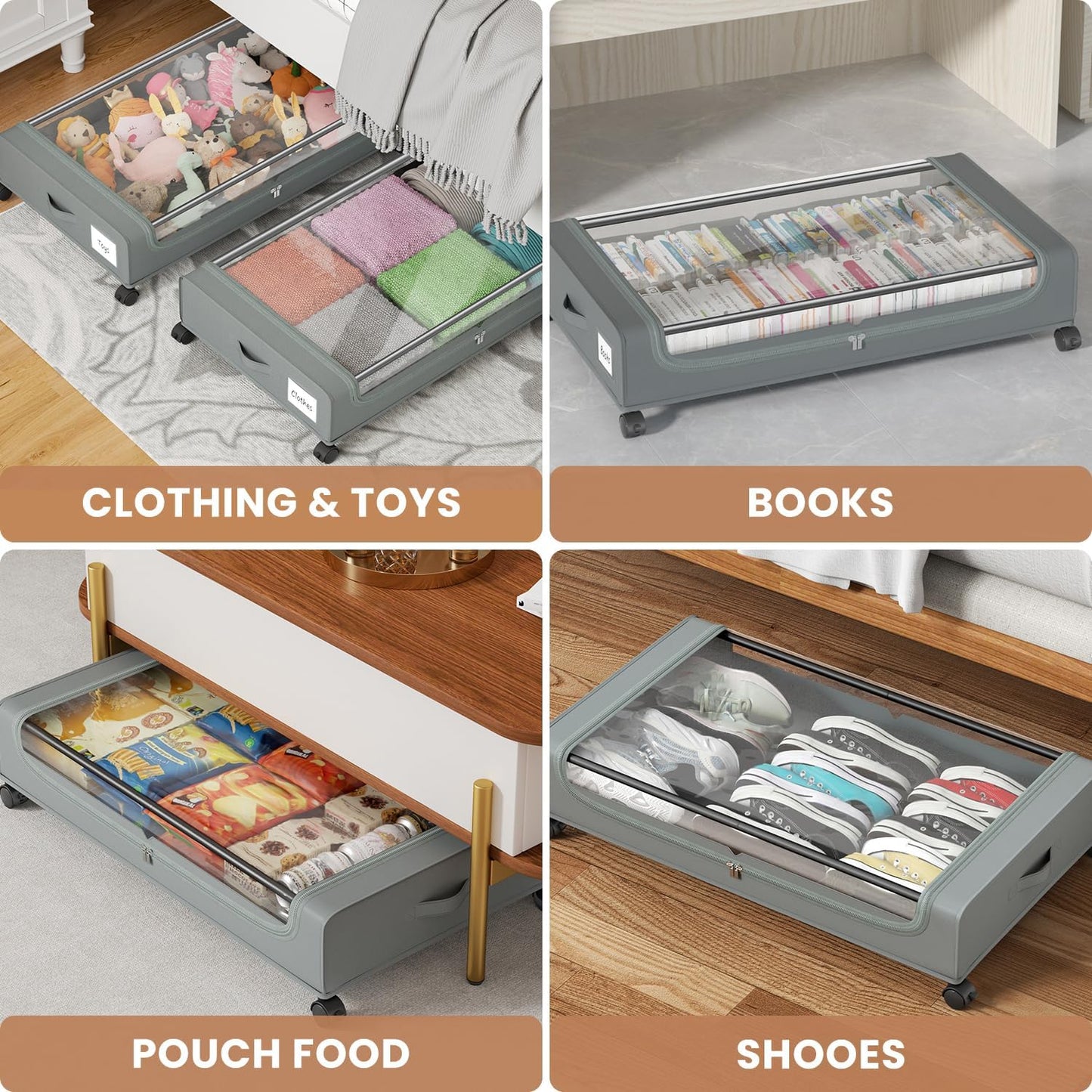 Under Bed Storage Containers with Clear Lid, Large Under Bed Storage with Wheels,6.22"H Under Bed Containers Rolling Under Bed Cart, Fabric & Metal Frame Under Bed Drawer for Clothes;Grey, 2 Pack