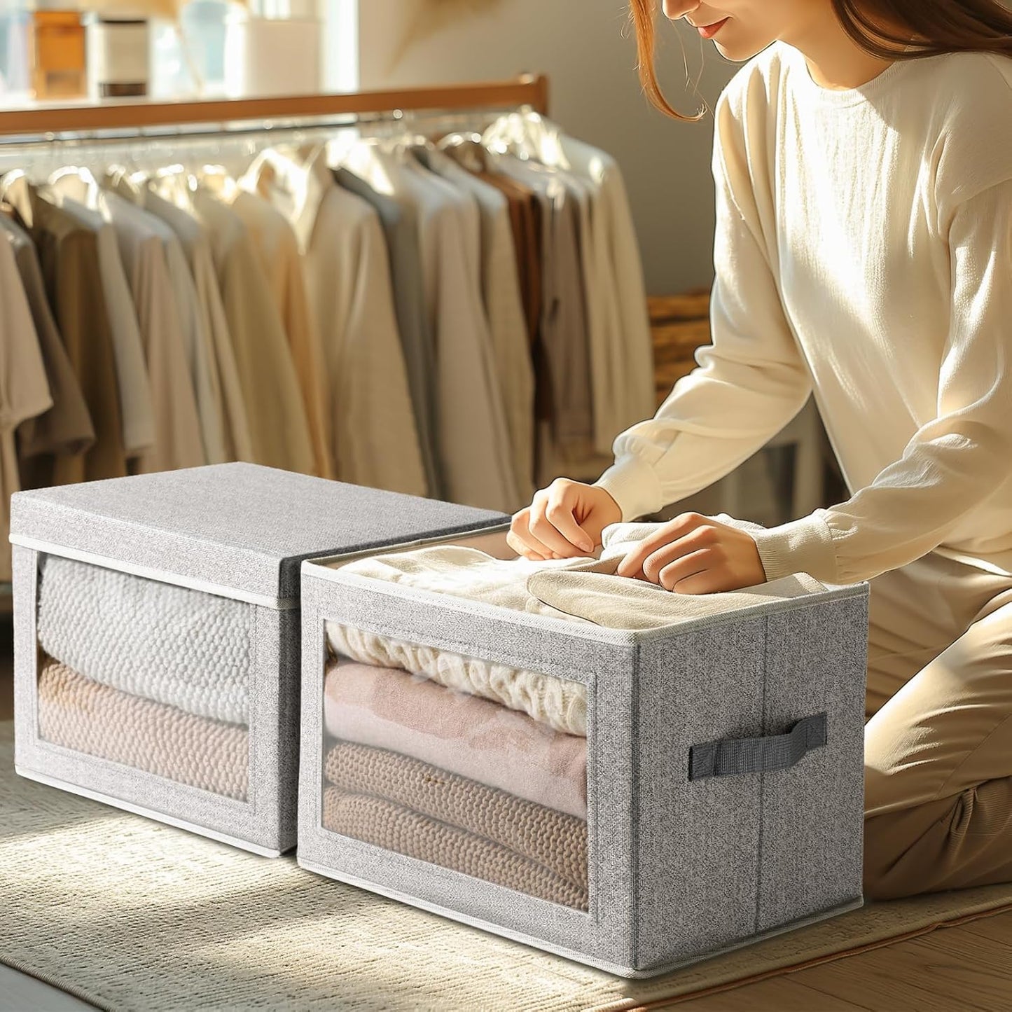 Storage Boxes with Lids - 3 Pack Fabric Clear Window Storage Bins, Collapsible Storage Bins with Lids, Linen Closet Organizer for Clothes, Towel, Blanket, Light Grey