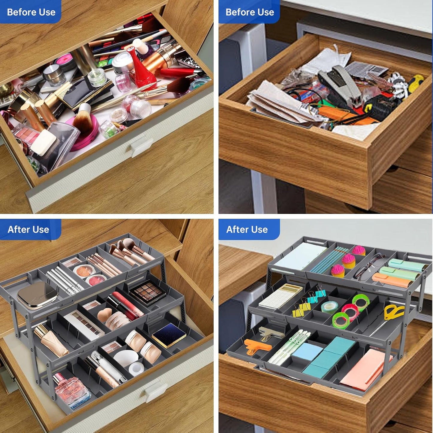 Smart Drawer Organizer Multi Level, Adjustable Folding Junk Drawer Organizer For Kitchen, Bathroom, Office, And Bedroom – Space-Saving Makeup Organizer (Grey)