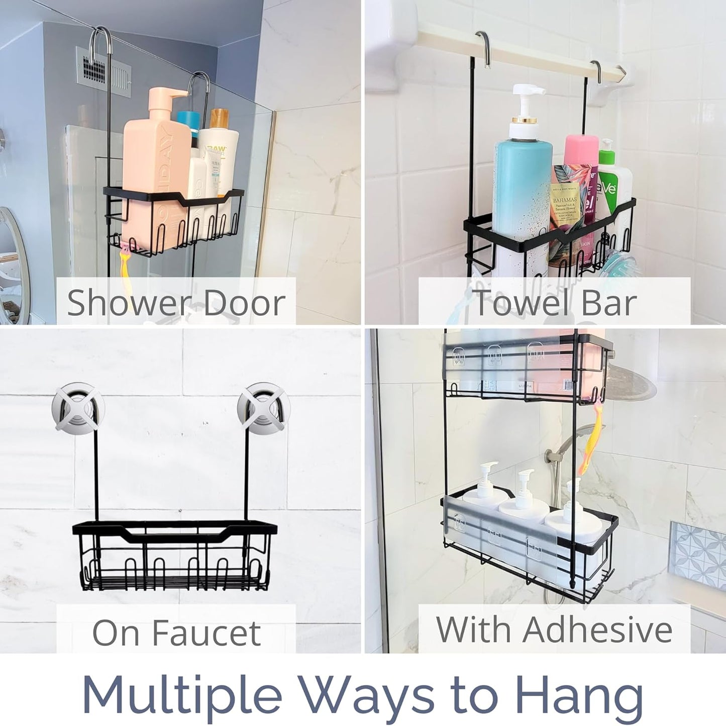 Hanging Shower Caddy Over Door - 304 Rust-proof Stainless Steel Shower Hanging Caddy with Rotatable Hooks and Adhesives for Bathroom Essentials, Equipped with Rotateable Hooks and extra Adhesives
