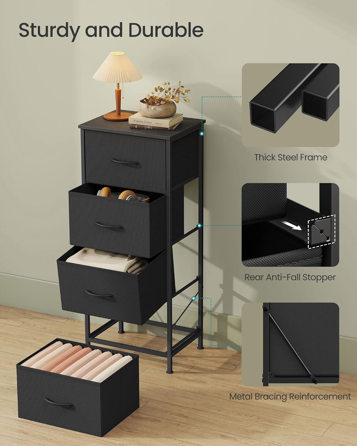 SONGMICS Dresser for Bedroom, Chest of Drawers, Steel, MDF, 4 Non-Woven Fabric Drawers, Storage Organizer Unit, Closet, Entryway, Ink Black and Ebony Black ULGS314B01S