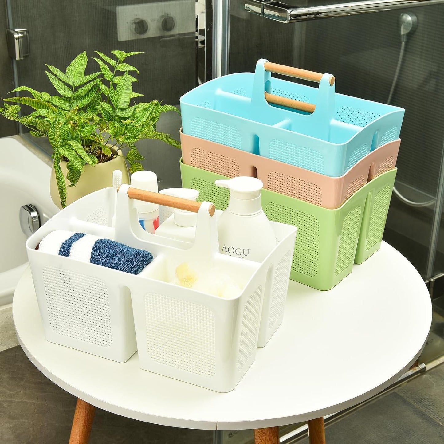 ALINK Portable Shower Caddy Basket with Compartments, Plastic Divided Cleaning Caddy Organizer Storage Tote with Handle for Bathroom, College, Dorm Room Essentials - Blue