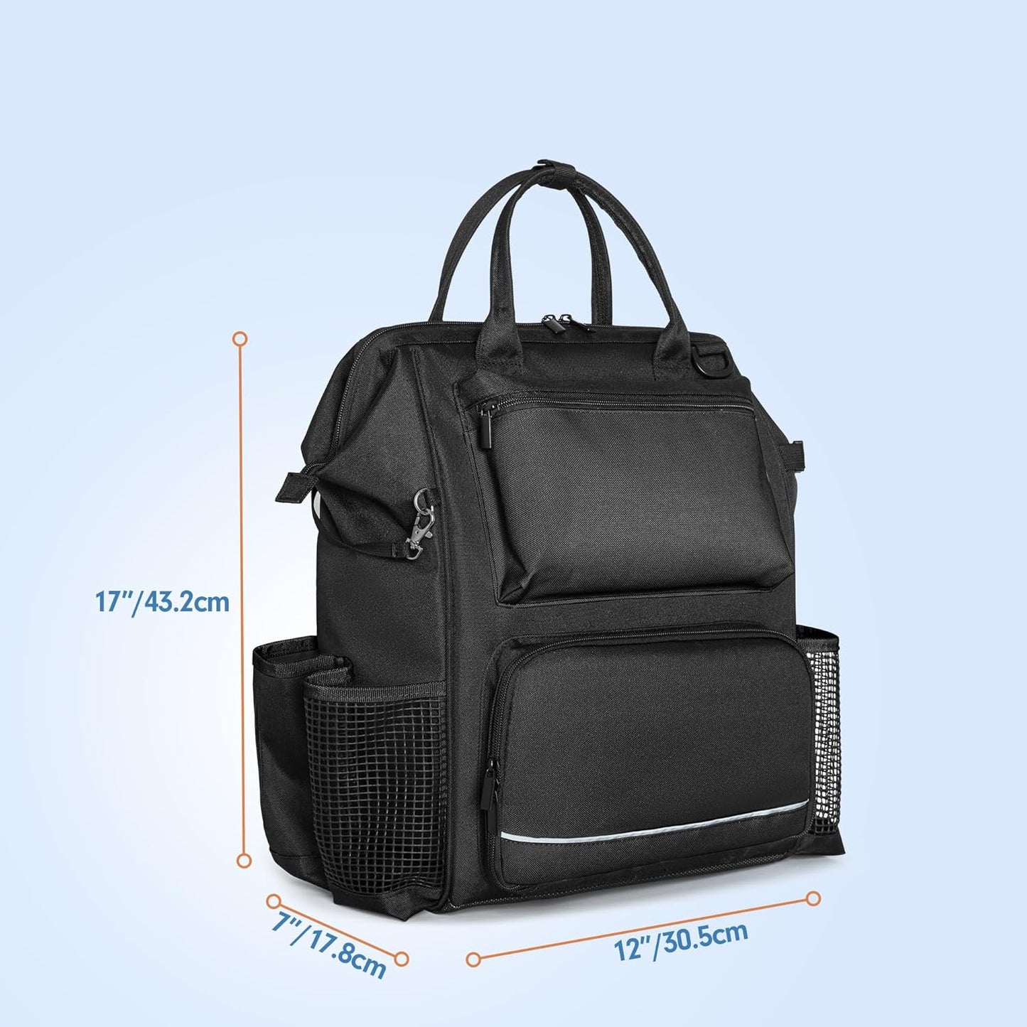 LoDrid Heavy Duty Cleaning Supplies Bag with Steel Frame Top, Large Cleaning Caddy with Adjustable Shoulder Straps and Multiple Pockets for Housekeeping Work, Black, Bag Only, Patent Designed