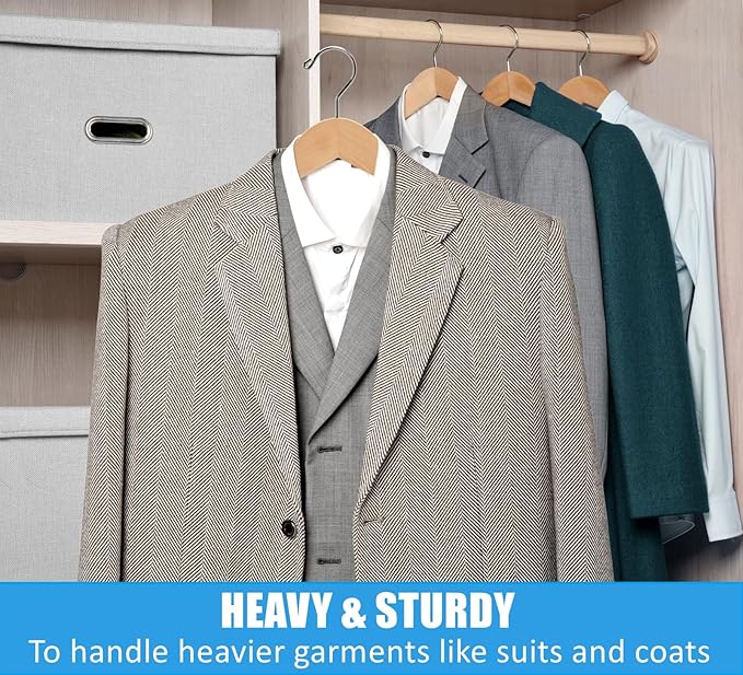 Amber Home 6 Pack Wide Shoulder Wooden Suit Coat Hangers with Non Slip Pants Bar, Solid Wood Jacket Clothes Hangers Smooth Finish for Sweater, Pants, Heavy Clothes (Natural, 6 Pack)