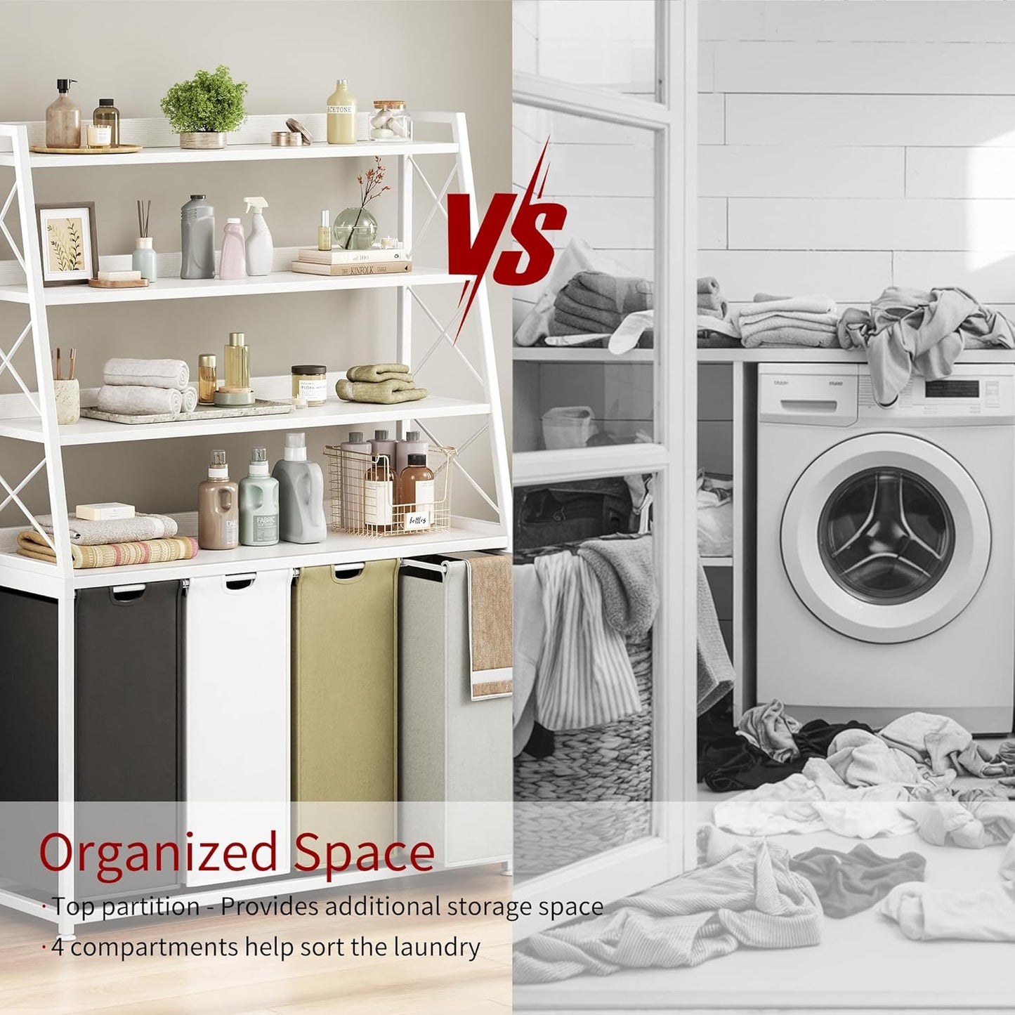 Laundry Basket, 4 Section Laundry Hamper with 4 Tiers Shelf, Pull-Out and Removable Laundry Bags, Large 4 x 15.87 Gallons, for Laundry Room Bathroom White PF12XLE