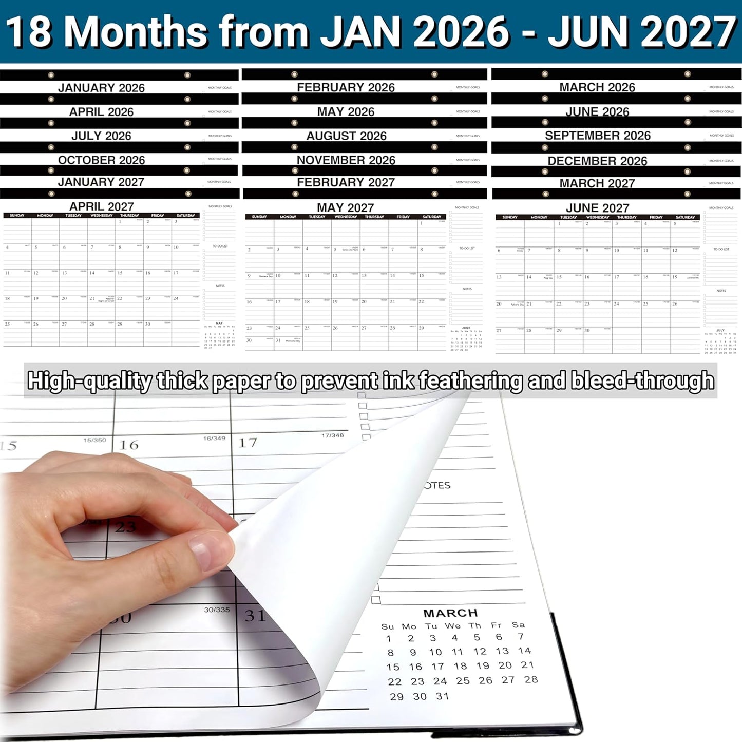 Desk Calendar 2026-2027 - 18-Month Large Desk/Wall Calendar, Jan 2026 - June 2027, 17" x 12", Thick Paper, Large Ruled Blocks, Clear Plastic Cover – Perfect for Home School & Office Organization