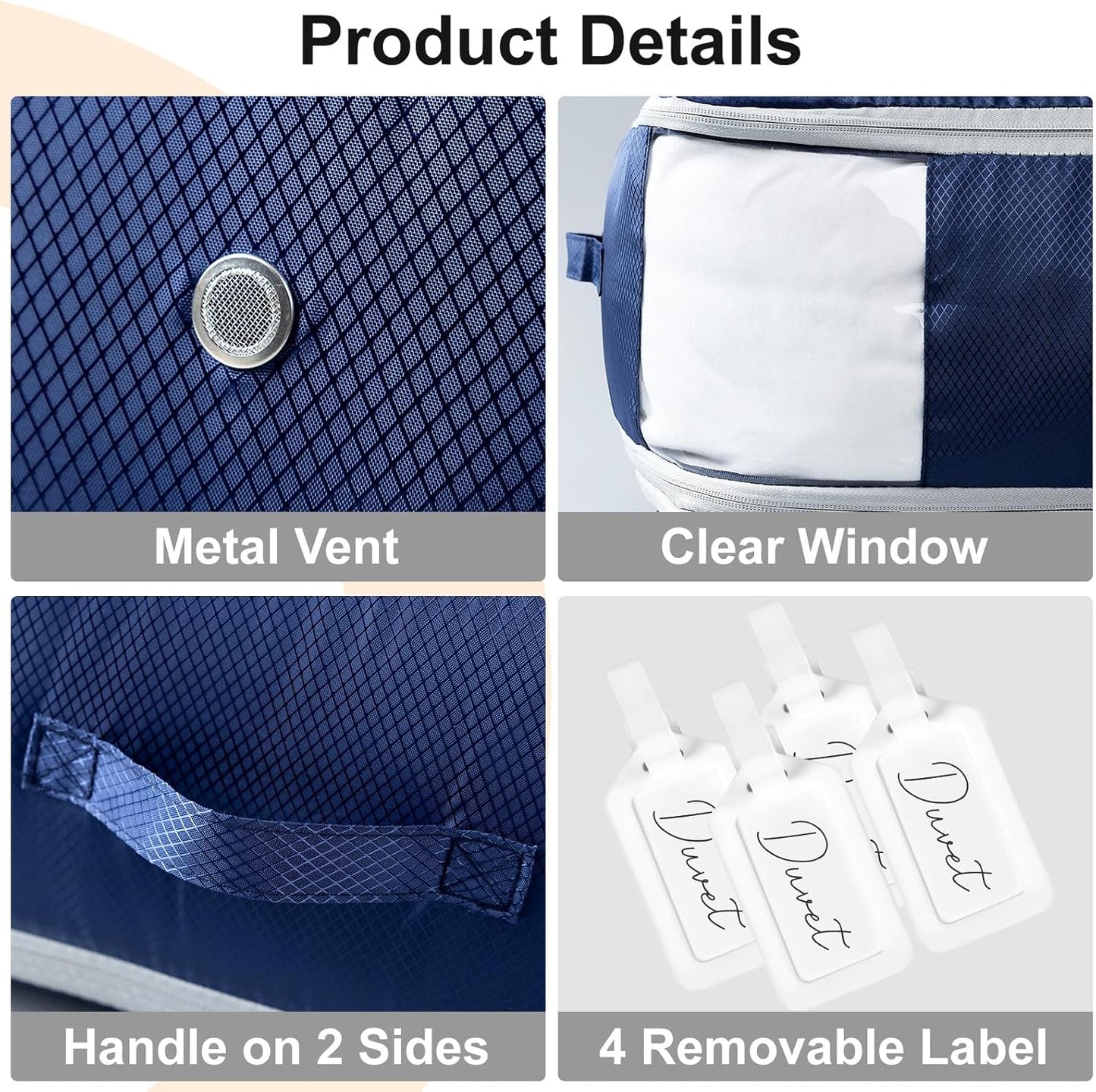 Comforter Storage Bag - Large Capacity Blanket Storage Bags 3-Layer Ultra Space Saving Self Compression Organizer, Washable Compression Bags for Storage Comforter Blanket, 4-Pack, Navy Blue