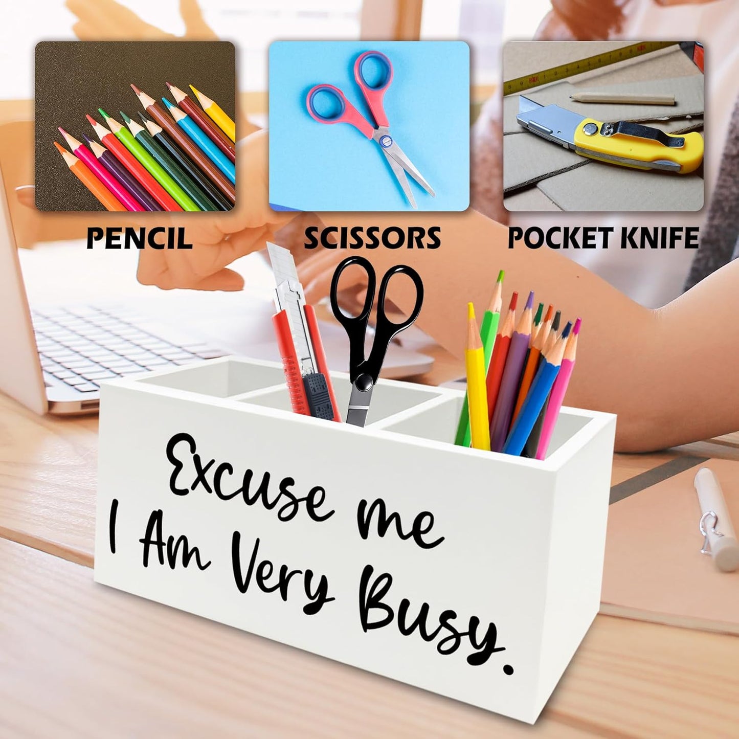 Funny Pen Pencil Holder Organizer for Desk, Funny Office Decor, Excuse Me I Am Very Busy Wooden Box Signs Decorations for Home Workplace Office Desk Tabletop