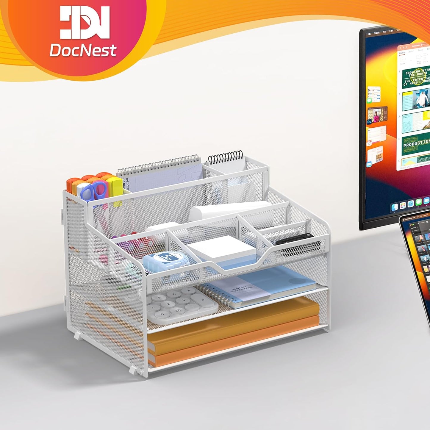 Docnest 3 Tier Mesh Desk Organizer for Paper Office Supplies – Multi-Functional Letter Tray with 5 Adjustable Compartments, 3 Pen Holders, Desktop Storage for Files, Mail, Stationery – White