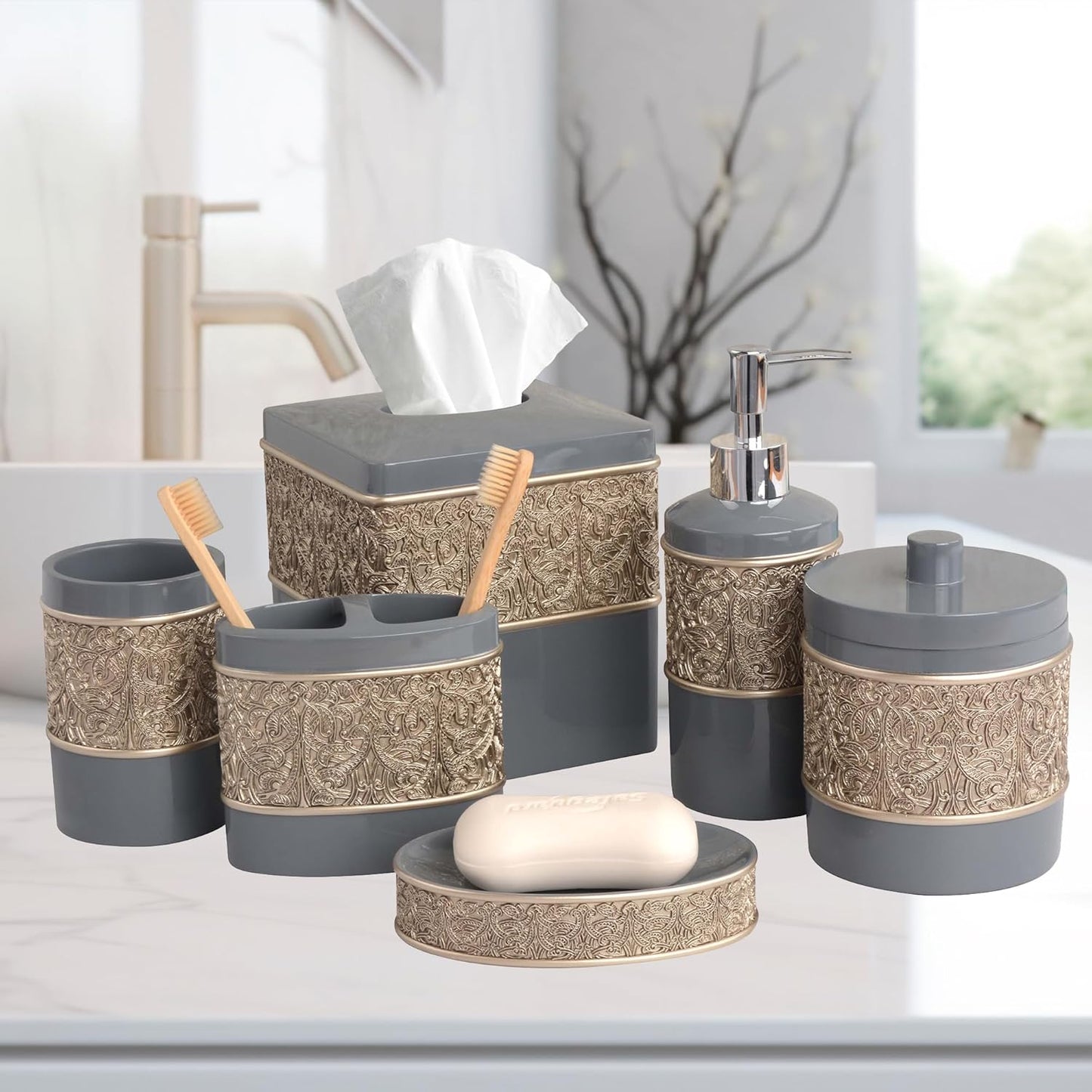 6-Piece Bathroom Accessories Set – Soap Dispenser, Toothbrush Holder, Tumbler, Soap Dish, Cotton Swab Jar & Toilet Brush – Modern Bathroom Decor Set (Gold Grey)