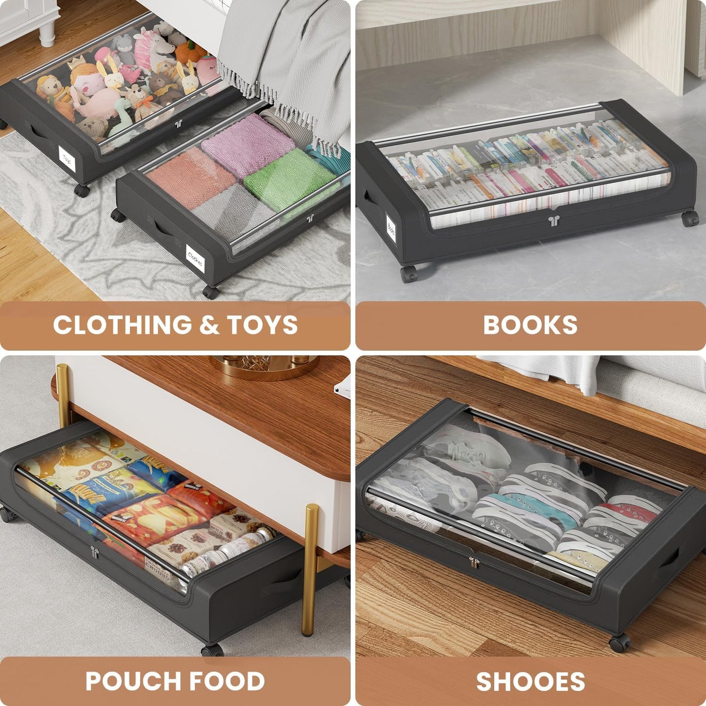 Under Bed Storage Containers with Clear Lid, Large Under Bed Storage with Wheels,6.22"H Under Bed Containers Rolling Under Bed Cart, Fabric & Metal Frame Under Bed Drawer for Clothes ;Black, 2 Pack