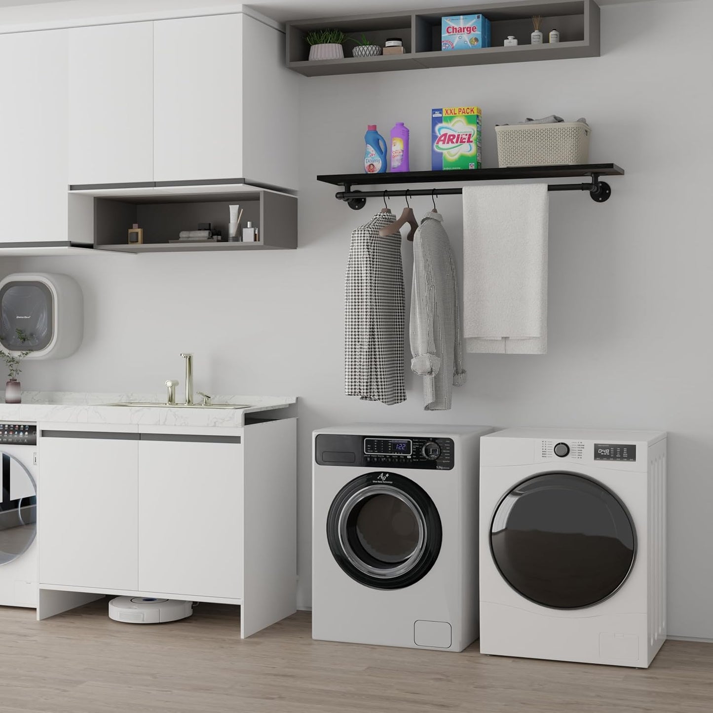 Black Clothes Rack 48in, Wall Mounted Garment Rack with Real Wood Shelf, Heavy Duty Hanging Clothes Rack, Multi-Purpose Hanging Rod, Space-Saving Closet Storage