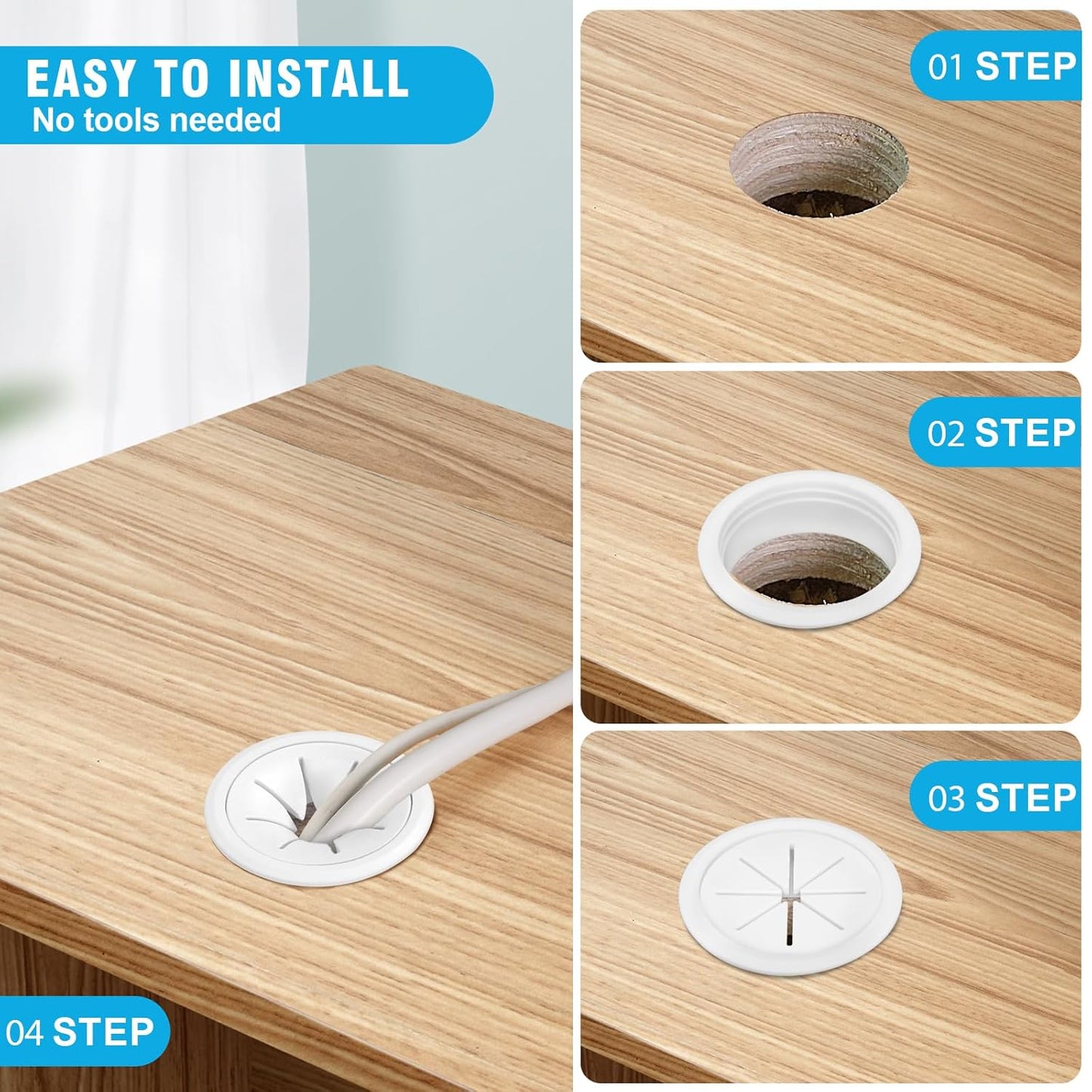 2" White Desk Grommet, JTemgle Flexible Cable Grommet Plastic Cable Hole Cover Wire Organizer Caps Desktop Cord Management for Home Office TV Stands Tabletops, 10 Pieces