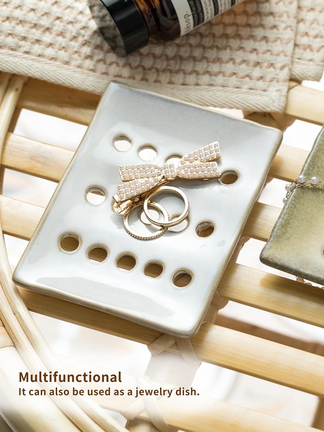 Soap Dish with Self Drain, Bar Soap Holder for Bathroom and Kitchen Sink, Rectangular Soap Dishes for Shower Ceramic Soap Saver, Japanese Soap Tray, White