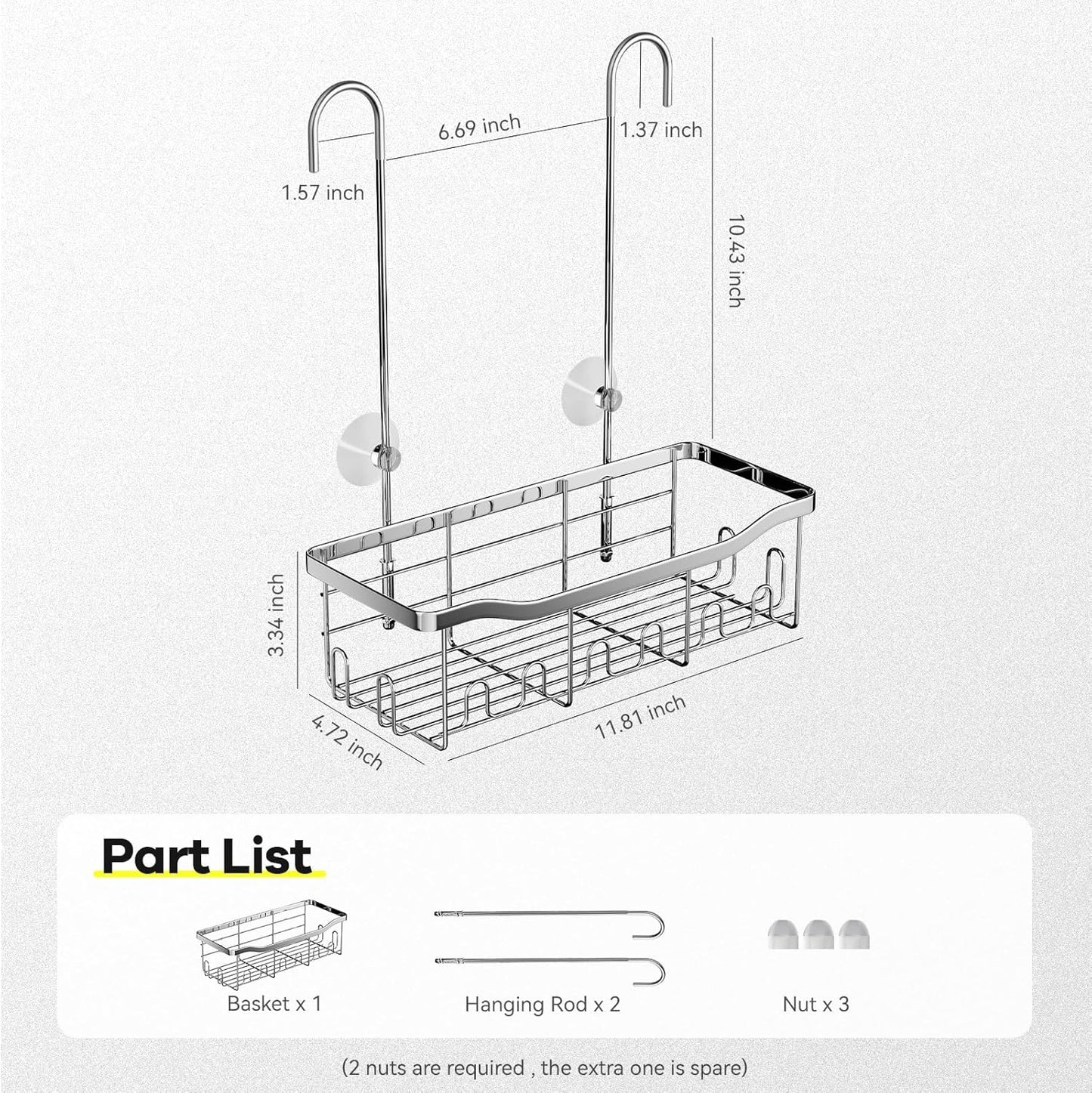 BYT Shower Caddy Hanging, Shower Organizer Hanging for Bathroom, Shower Basket with Hooks, Shower Storage, Shelf, Rack No Drilling for Faucet or Cross Bar (Silver)