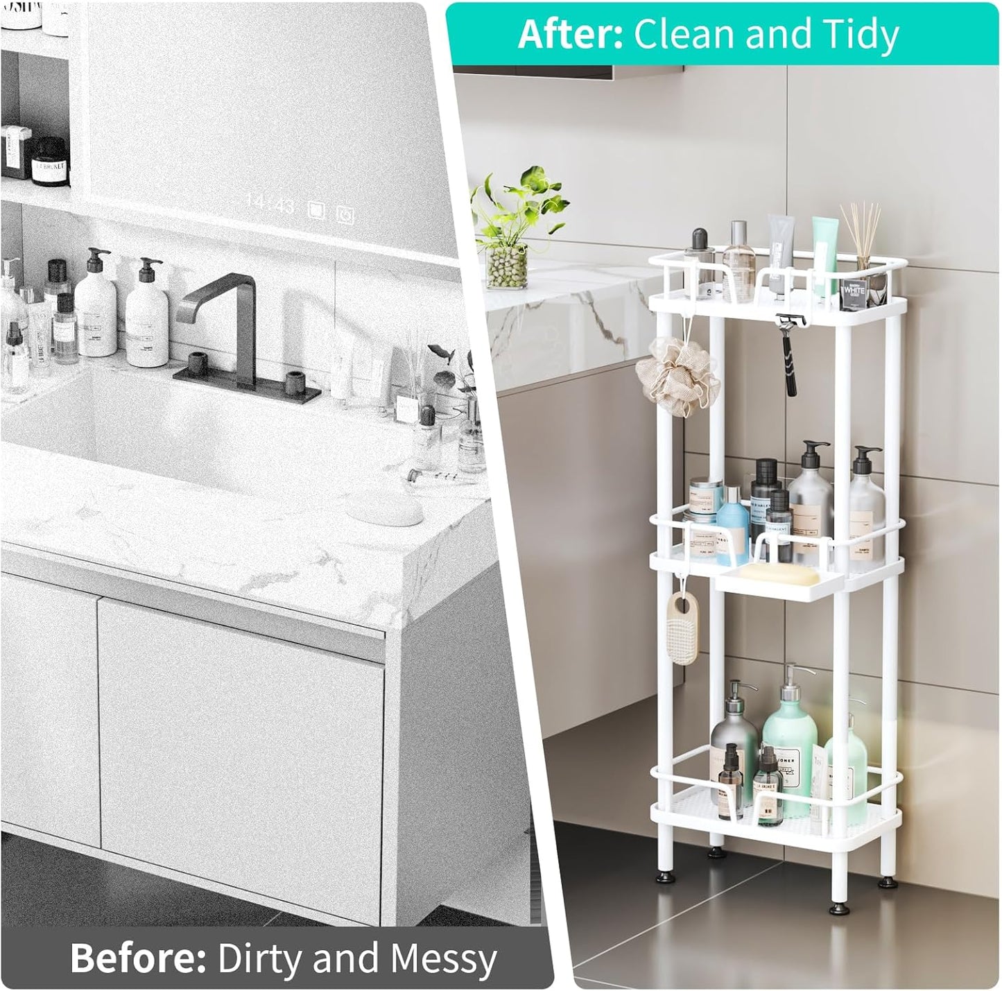 HapiRm Standing Corner Shower Caddy - 3 Tier Corner Shower Organizer with Soap Holder, Rustproof Stainless Steel Bathroom Shelf with 4 Hooks, White