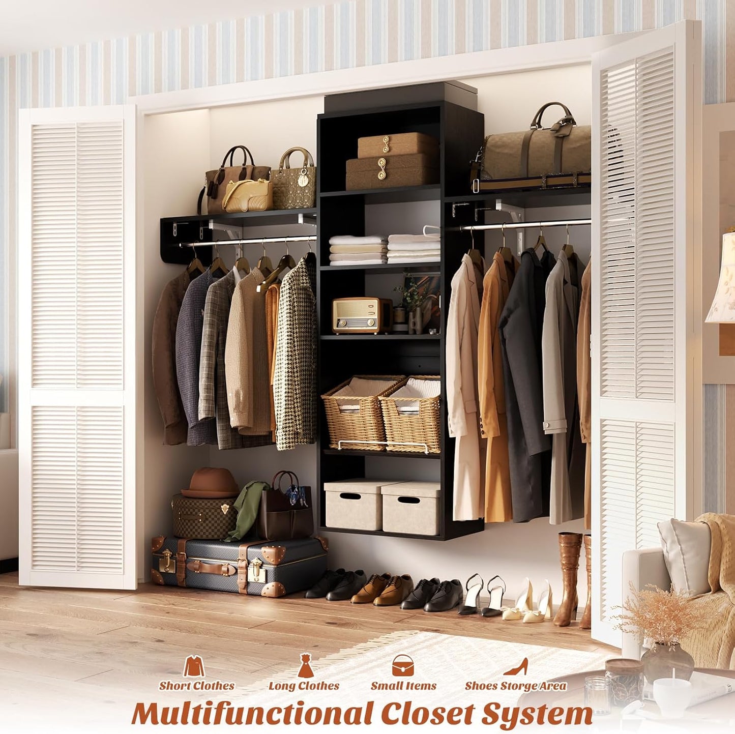 Unikito Over Washer and Dryer Storage Shelf, 8FT Wall Mounted Laundry Room Organizer, Space Saver Clothes Drying Rack with Hanger Rod, 6-Tier Heavy-Duty Closet System with Adjustable Shelves, Black