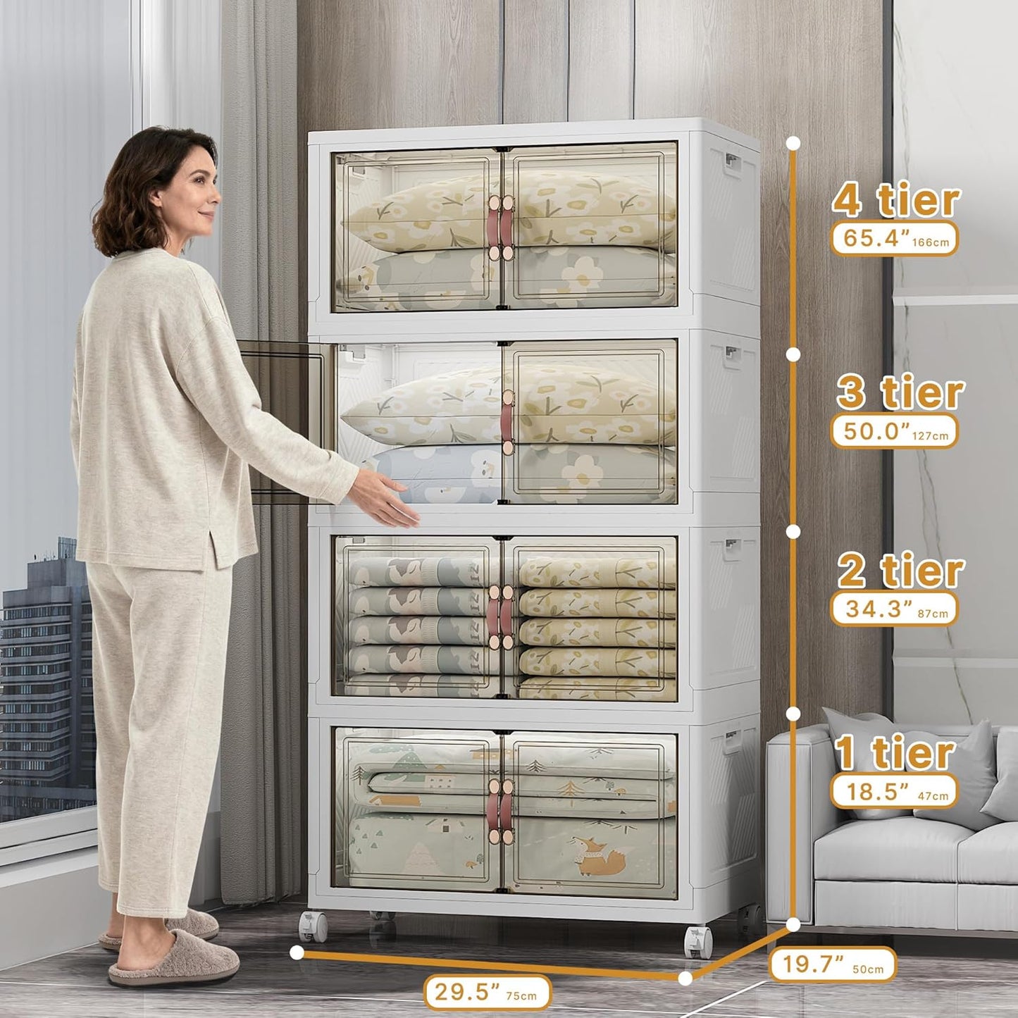 Extra Large Stackable Storage Bins with Lids & Wheels & Door, 1280QT-160QT/40GAL*8Pack Foldable Collapsible Closet Organizers, Plastic containers drawers for bedroom Dorm