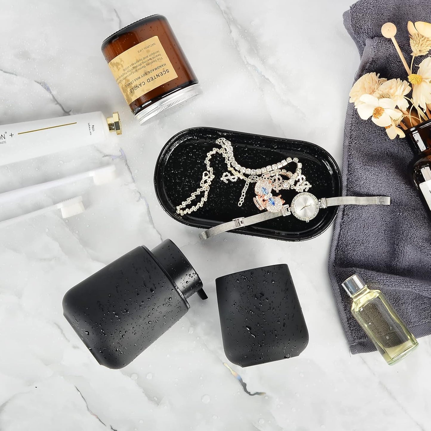 BosilunLife Black Bathroom Accessory Set - 3 pcs Ceramic Bathroom Soap Dispenser Set Farmhouse Bathroom Counter Decor Set Accessories, Soap Dispenser and Toothbrush Holder, Tray (Liquid Pump)