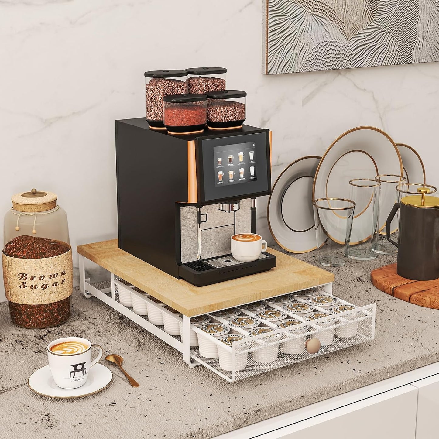 Coffee Pod Holder Counter Coffee Vertuo Capsules Storage Organizer with Sliding Drawer Compatible For 35 K-Cup Pods No Assembly Needed Natural Colour