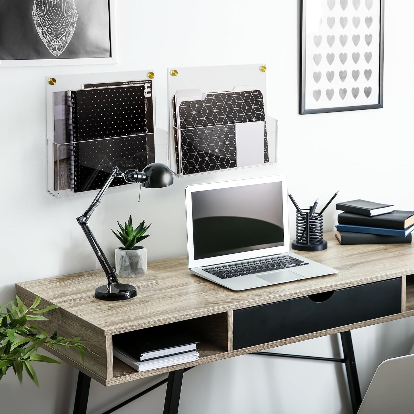 Premium Clear Acrylic Wall File Organizer 2-Pack | Mail Holder Wall Mount | Office Document Sorter with 3 Screw Cap Colors