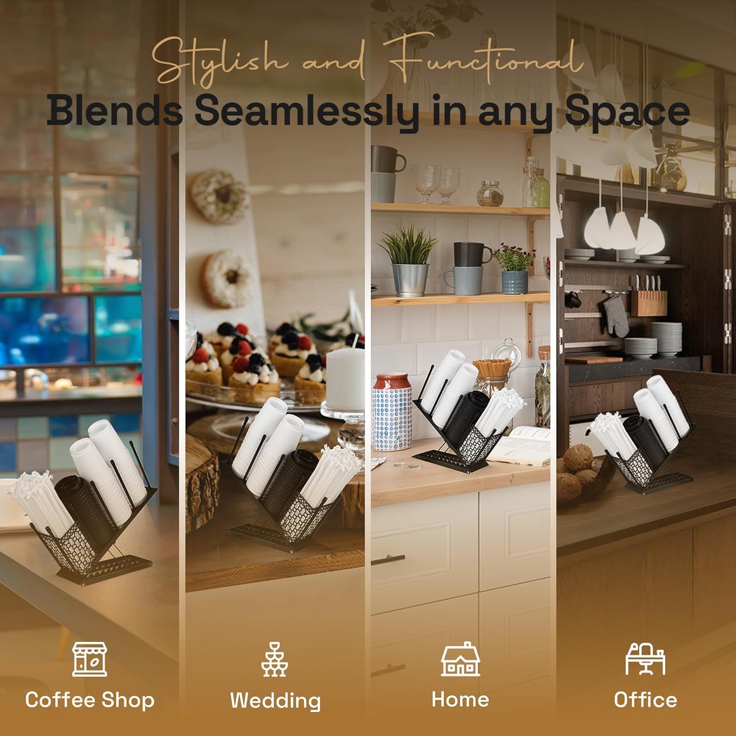 Oslow Cup Dispenser - Heavy-Duty Metal Coffee Cup Holder for Countertop with Adjustable Height - Cup Organizer for Restaurant, Cafe, Office Kitchen or Break Room, Home Coffee Bar - 11.5x4.5x15", Black