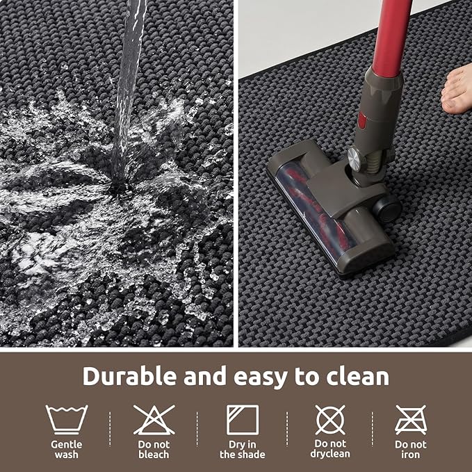 AMOAMI Chenille Bath Mat Super Absorbent Bathroom Mat Quick Dry Bath Mats for Bathroom Rubber Backed Bathroom Rugs Non Slip Washable Fit Under Door, Front of Bathtub, Sink, Darkgrey&Black 20"x32"