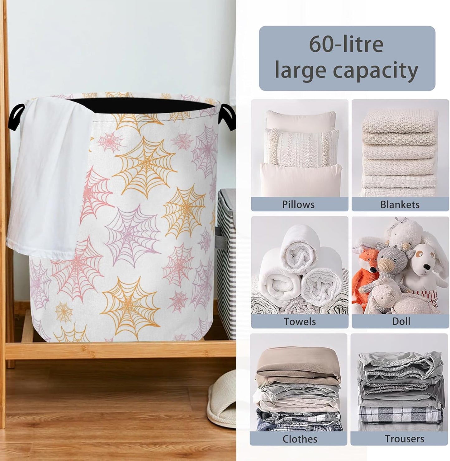 Colorful Spider Web Laundry Basket,Halloween Foldable with Handles Tote Bag Oxford Cloth for Bathroom Bedroom Dirty Clothes Storage Bucket 16" x 20.8"