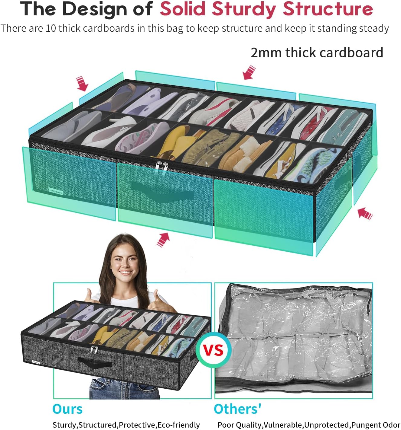 Onlyeasy Sturdy Under Bed Shoe Storage Solution Organizer For Closet Fit 16x2 Pairs, Underbed Shoes Container Bags with Reinforced Handles, Breathable, Linen-like Black, MXAUBS16P2