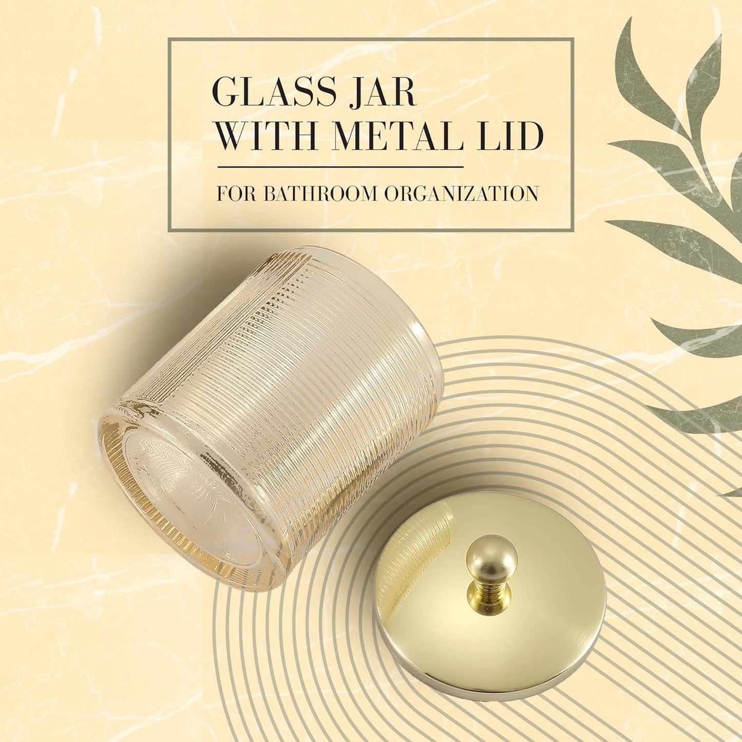 Tan Colored Tranlucent Apothecary Ribbed Geometric Etched Glass Jar W/Gold Metal Lid Cover for Bathroom Organization, Cotton Balls, Q Tips, and Small Accessories, Bathroom Storage