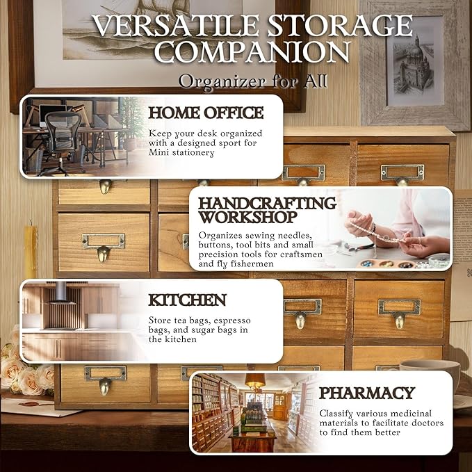 Flexzion Apothecary Cabinet with Drawers - 16 Vintage Apothecary Drawers Desktop Organizer for Home & Office - Wooden Tabletop Library Card Catalog Cabinet Storage for Jewelry, Makeup & Tools, Brown