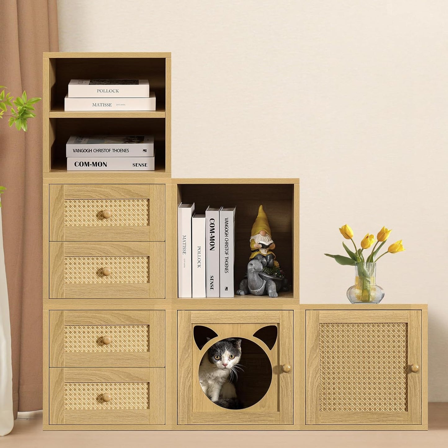 Magic DIY Cube Storage Organizer Stackable Cubes for Home Books Clothes Toy -Modular Cubby Storage System -Closet Organizer -Bookcase Closet(Yellow Oak,Cat Door Cube)