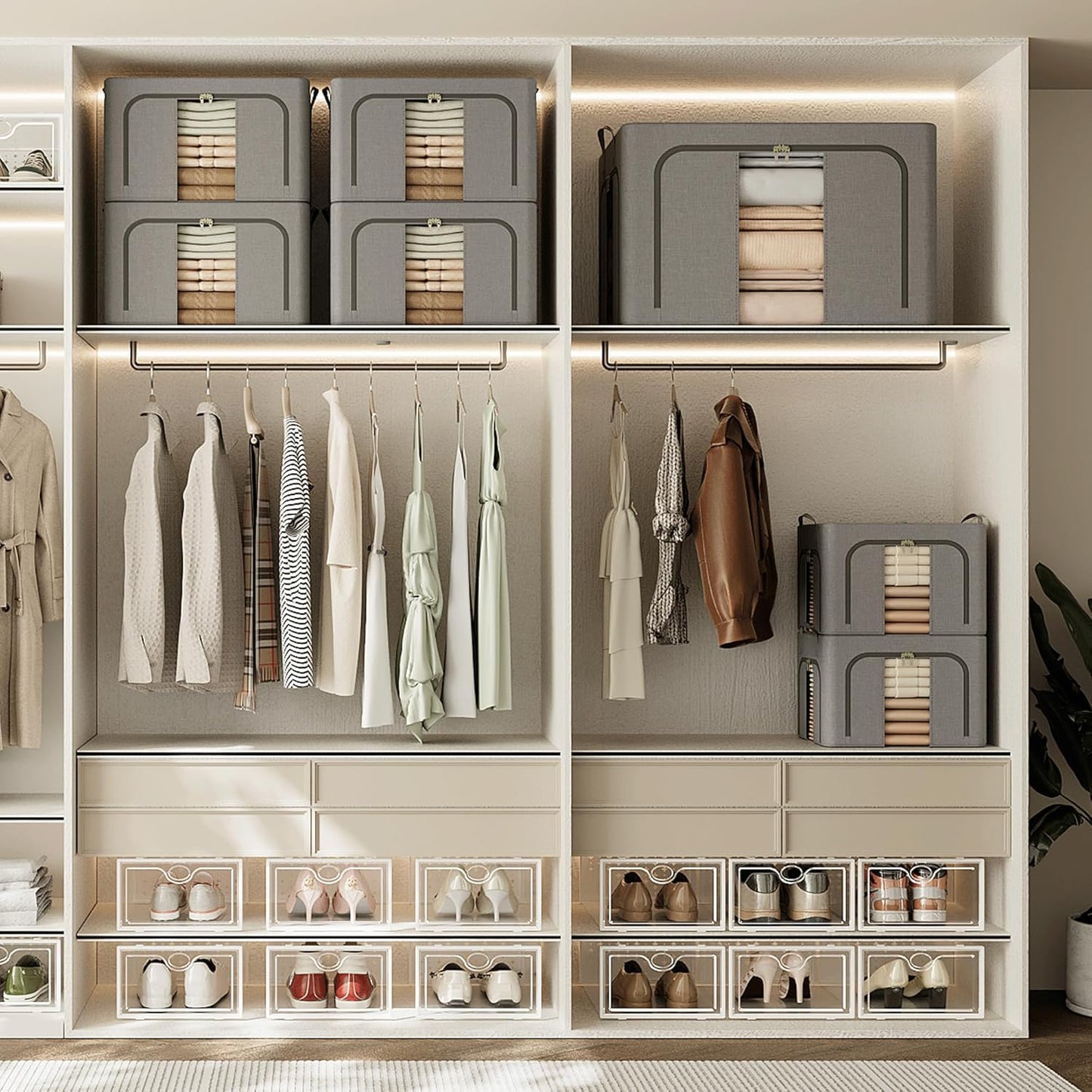 Pinkpum 3 Pack Clothes Storage Bins with Metal Frame, Closet Organizers and Storage Boxes, Sturdy Stackable & Foldable Clothes Organizer Bags with Clear Window & Long Carry Handles, Grey 40L