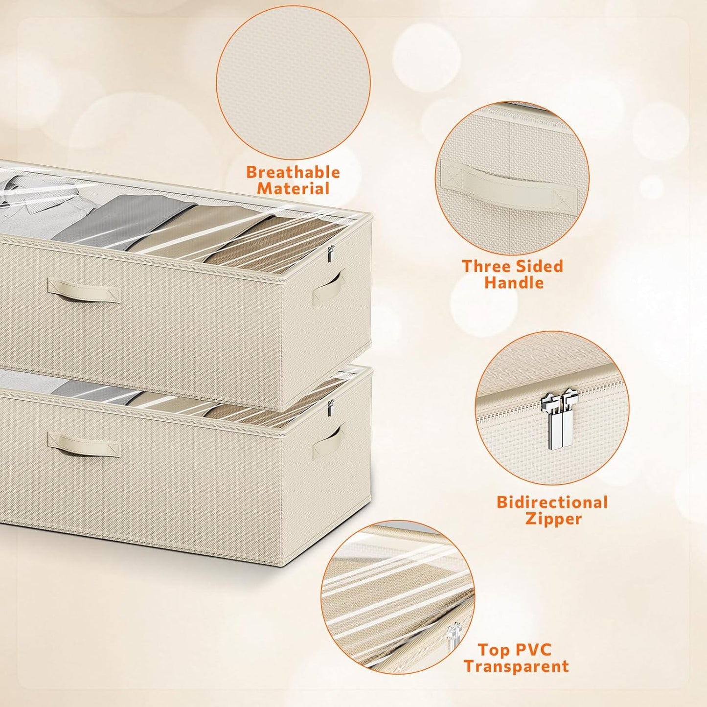 2 Pack Under Bed Storage Containers, 10 Inch Tall Underbed Clothes Storage Organizer Bin with Clear Window,Foldable Box Basket for Clothes, Closet, Bed Sheets and Blankets Beige