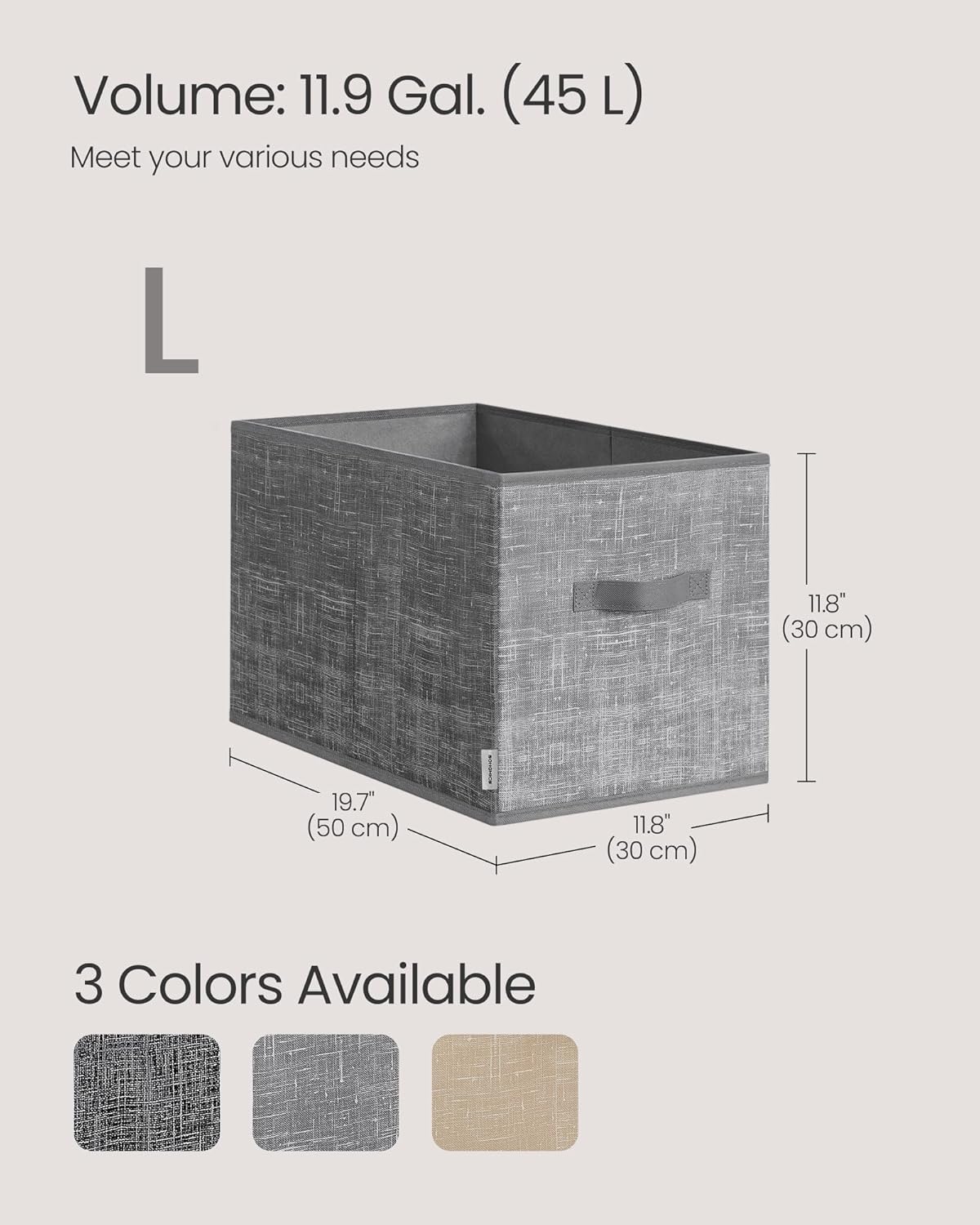 SONGMICS Storage Cubes, 19.7 x 11.8 x 11.8 Inches Non-Woven Fabric Bins with Double Handles, Set of 3, Closet Organizers for Shelves, Foldable, for Clothes, Cattail Gray UROB450G01