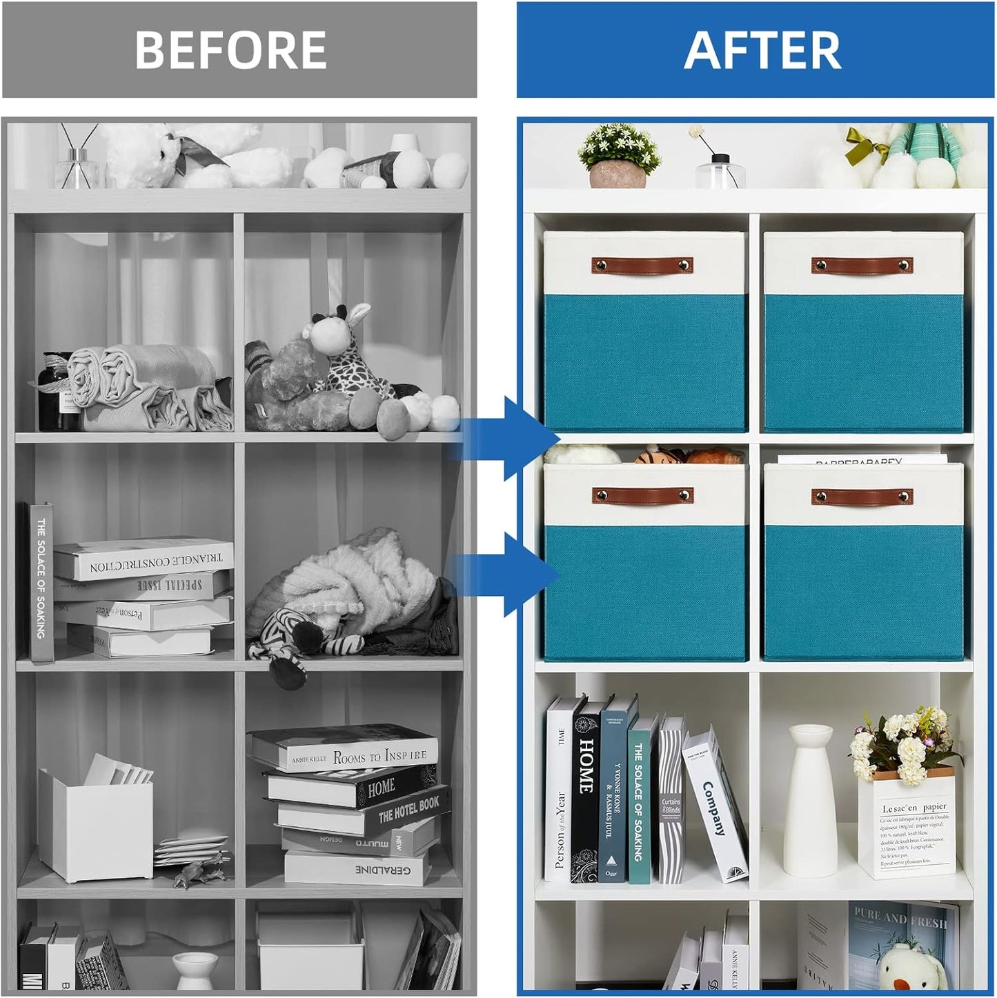 Temary Fabric Storage Bins - 12x12 Cube Baskets for Shelves & Closet with Leather Handles (White & Teal)
