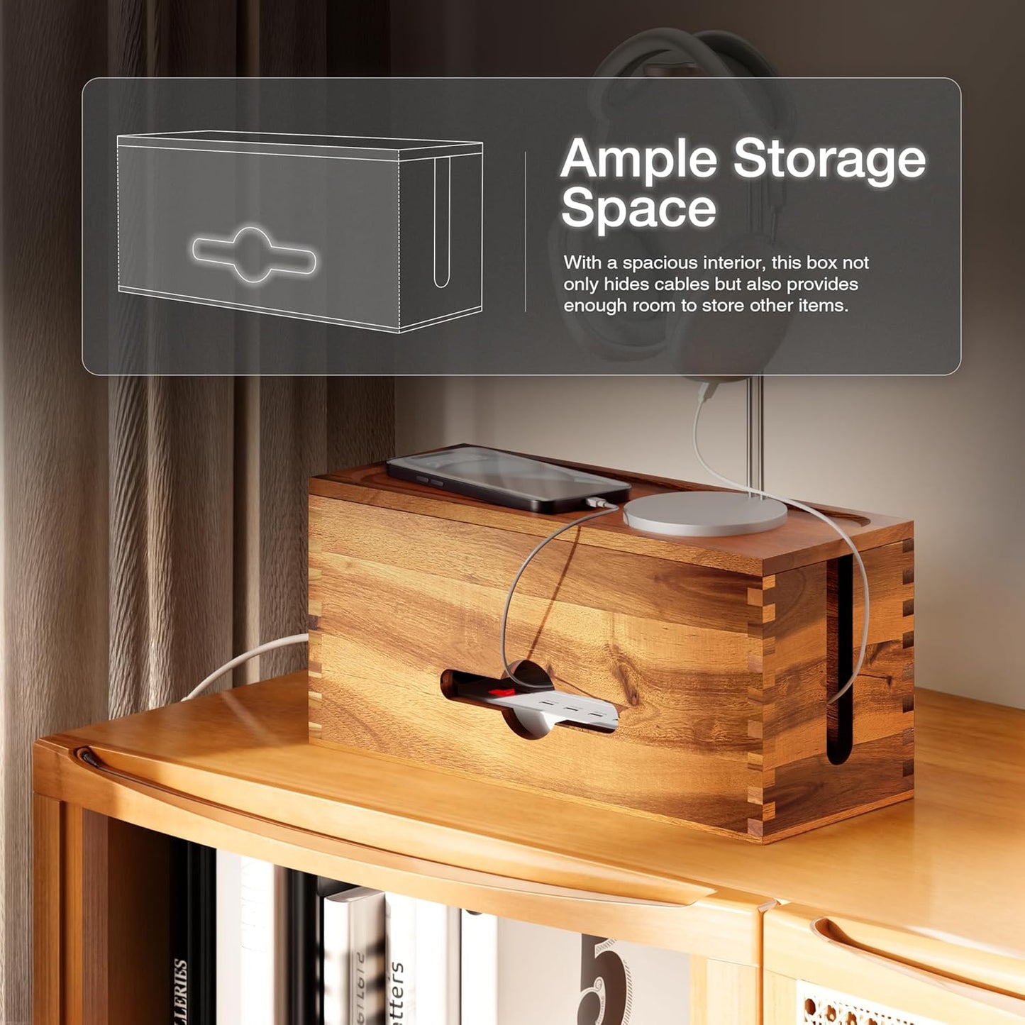 Acacia Large Cable Management Box - 15" L Cord Box Hider Power Strip Box for Power Strip Organizer - Cable Hider Box, Surge Protector Box to Hide Cords - Wire Box Hider for Desk Organization