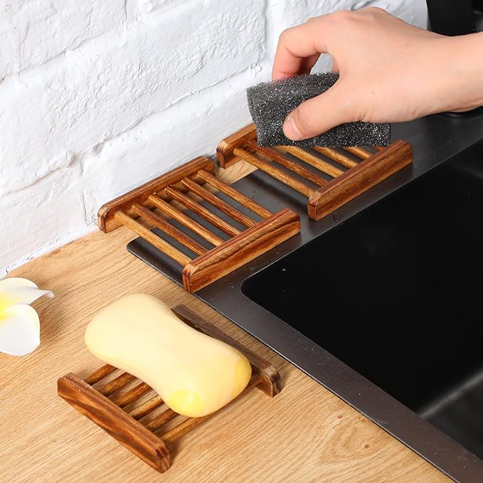 Amyhill 50 Pcs Bamboo Wood Soap Dish Bulk Bathroom Wooden Soap Holder Savers Self Draining Dishes Handcraft Tray, 3.3 x 3.3 x 0.67 Inch (Charcoal Color)