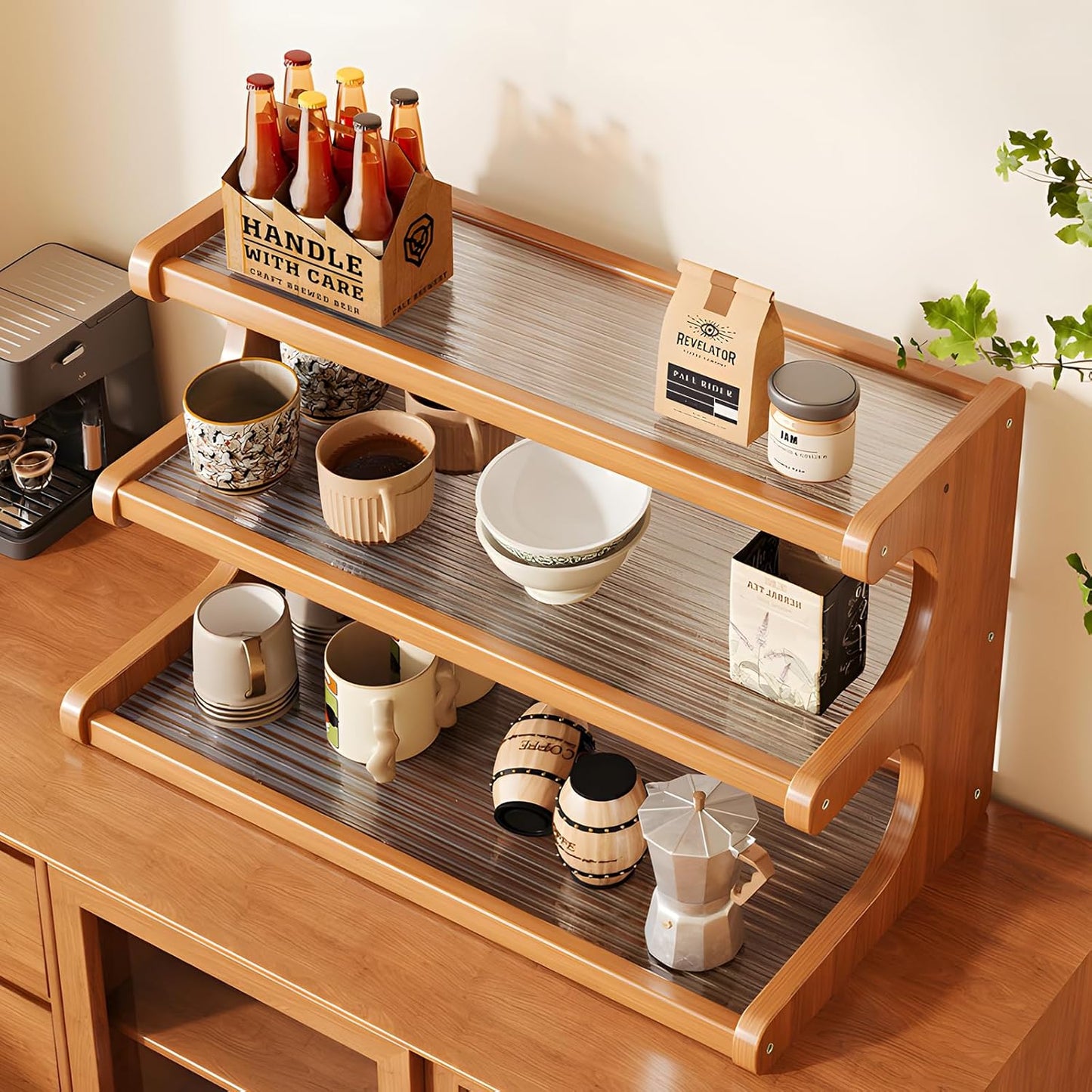Coffee Station Organizer 3 Tier Coffee Mug Holder Bamboo Cup Rack Acrylic Home Storage Mugs Hooks for Kitchen Countertops, Tea Bar Accessories, Matcha Stand, Cups, Condiment Storage Rack