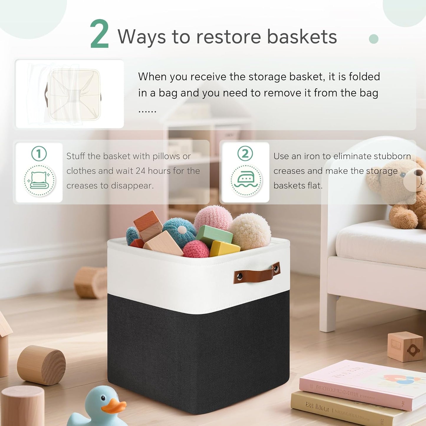 Cube Storage Baskets 6 Pack, 11x11 inch Foldable Cube Storage Bins with Leather Handles for Shelf Closet Nursery Toys (White/ Black)