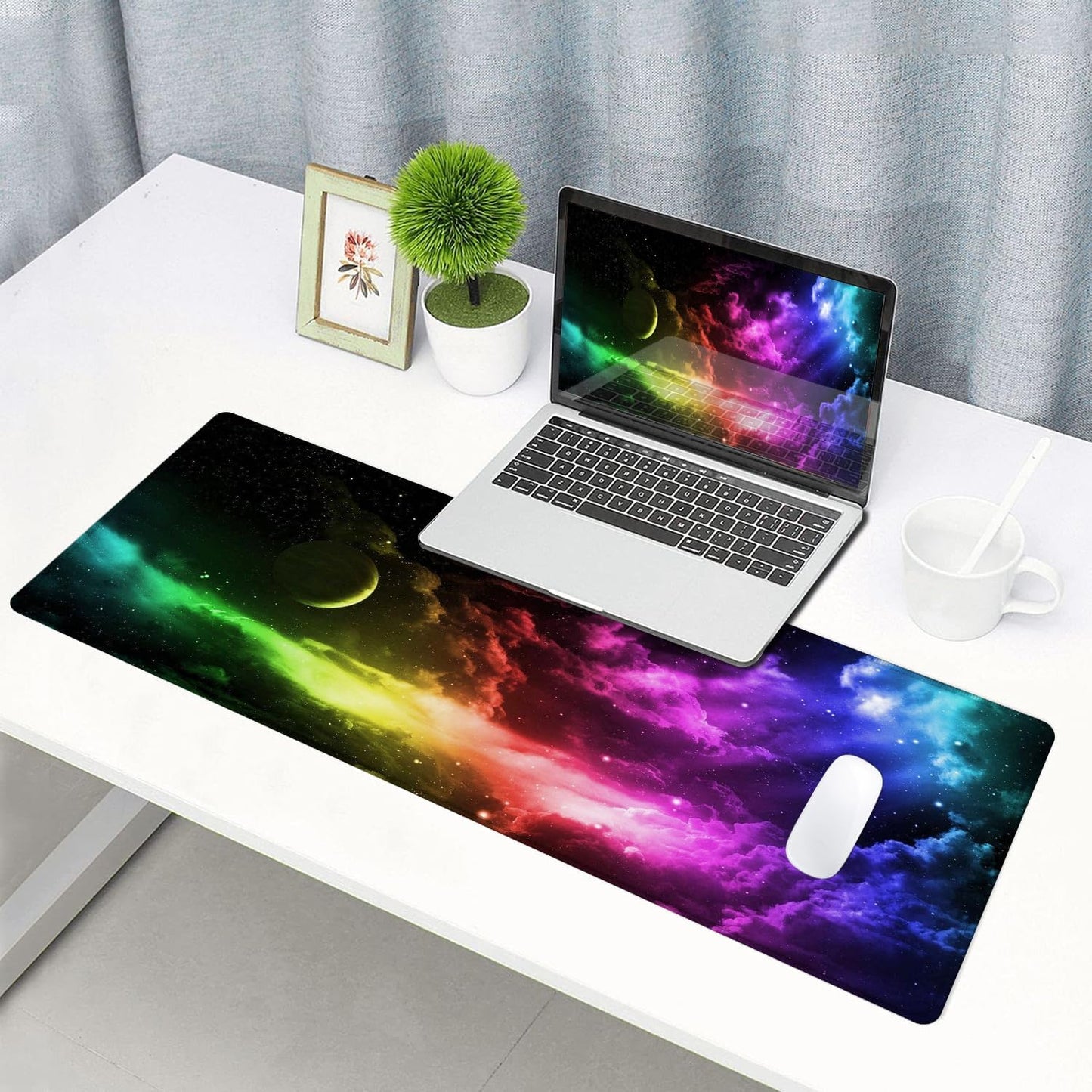 Mouse Pad Gaming, Large Mouse Pads for Desk, Keyboard Mouse Mat Desk Pad, Non-Slip Rubber Base with Stitched Edges Mousepad, 31.5x11.8in Colorful Galaxy