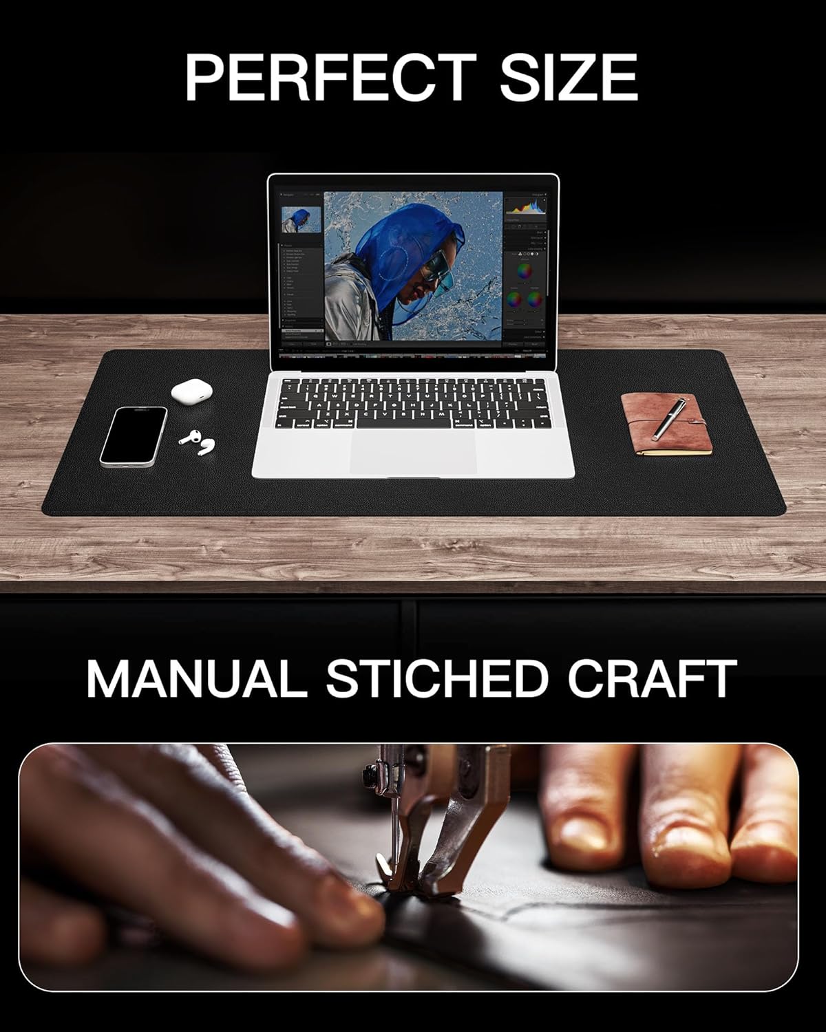 YSAGi Genuine Leather Desk Mat, 31.5"x15.8" Leather Desk Mat, Office Desk Pad, Thick Desk Pad with Stitched Line, Non-Slip Laptop Writing Pad with Rubber Base(Black, 31.5"x15.8")